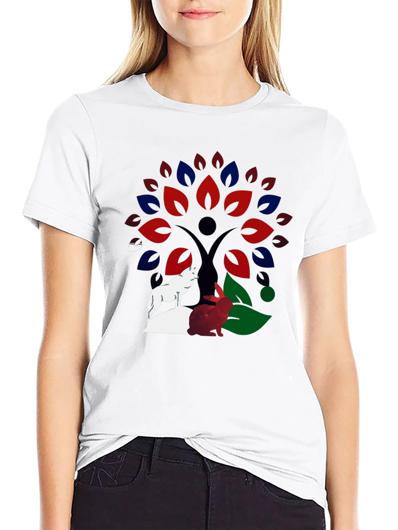 Nature Tree Wolf Rabbit Graphic T-Shirt