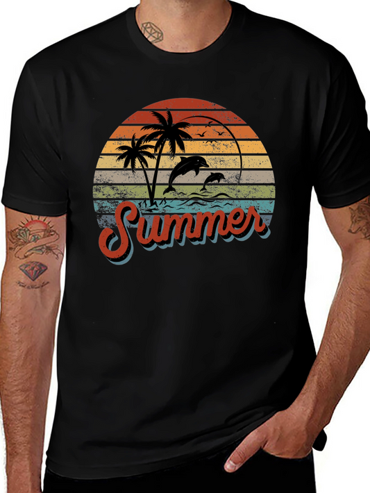 Retro Summer T-Shirt with Dolphins and Palm Trees