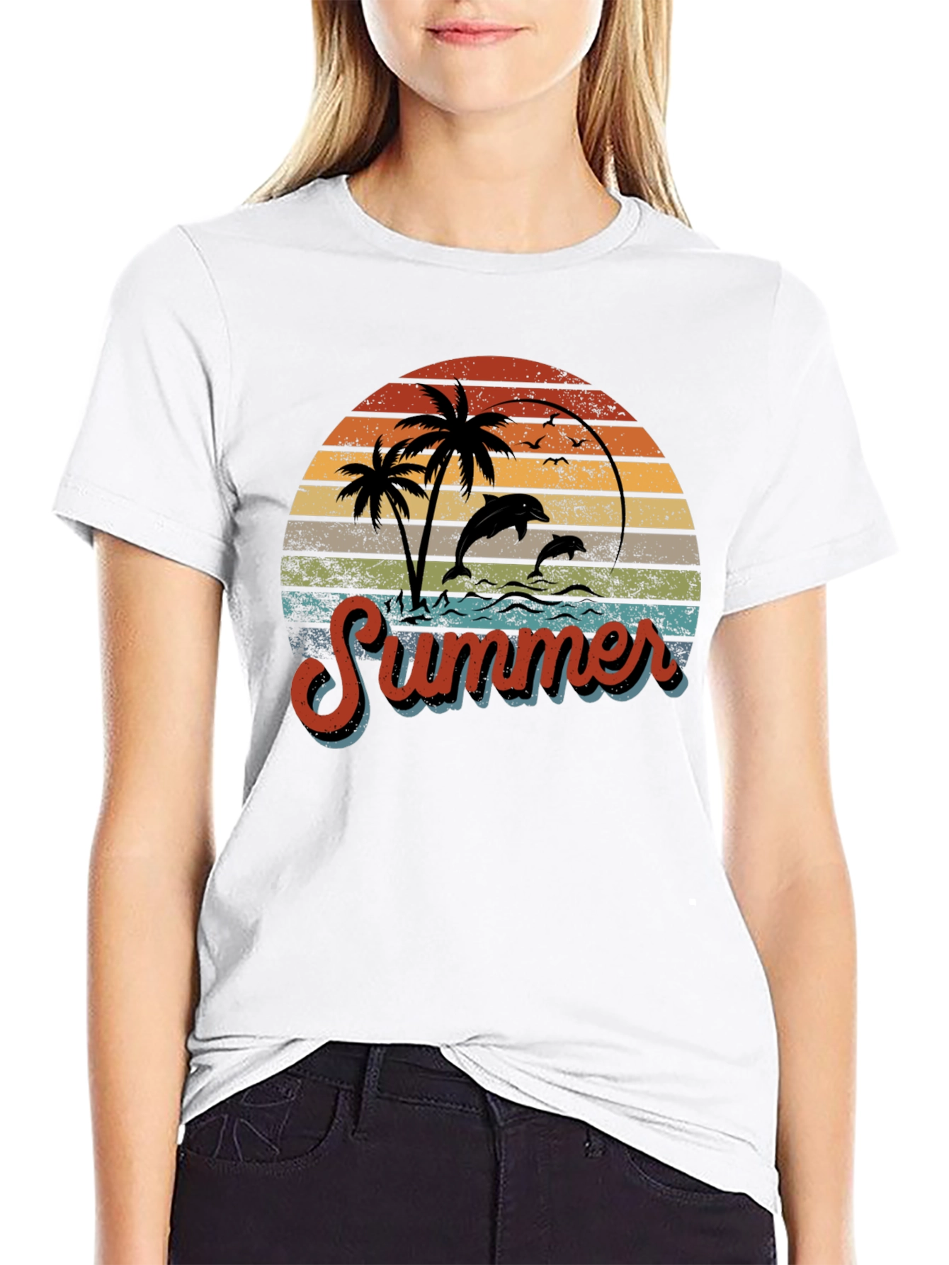 Retro Summer T-Shirt with Dolphins and Palm Trees