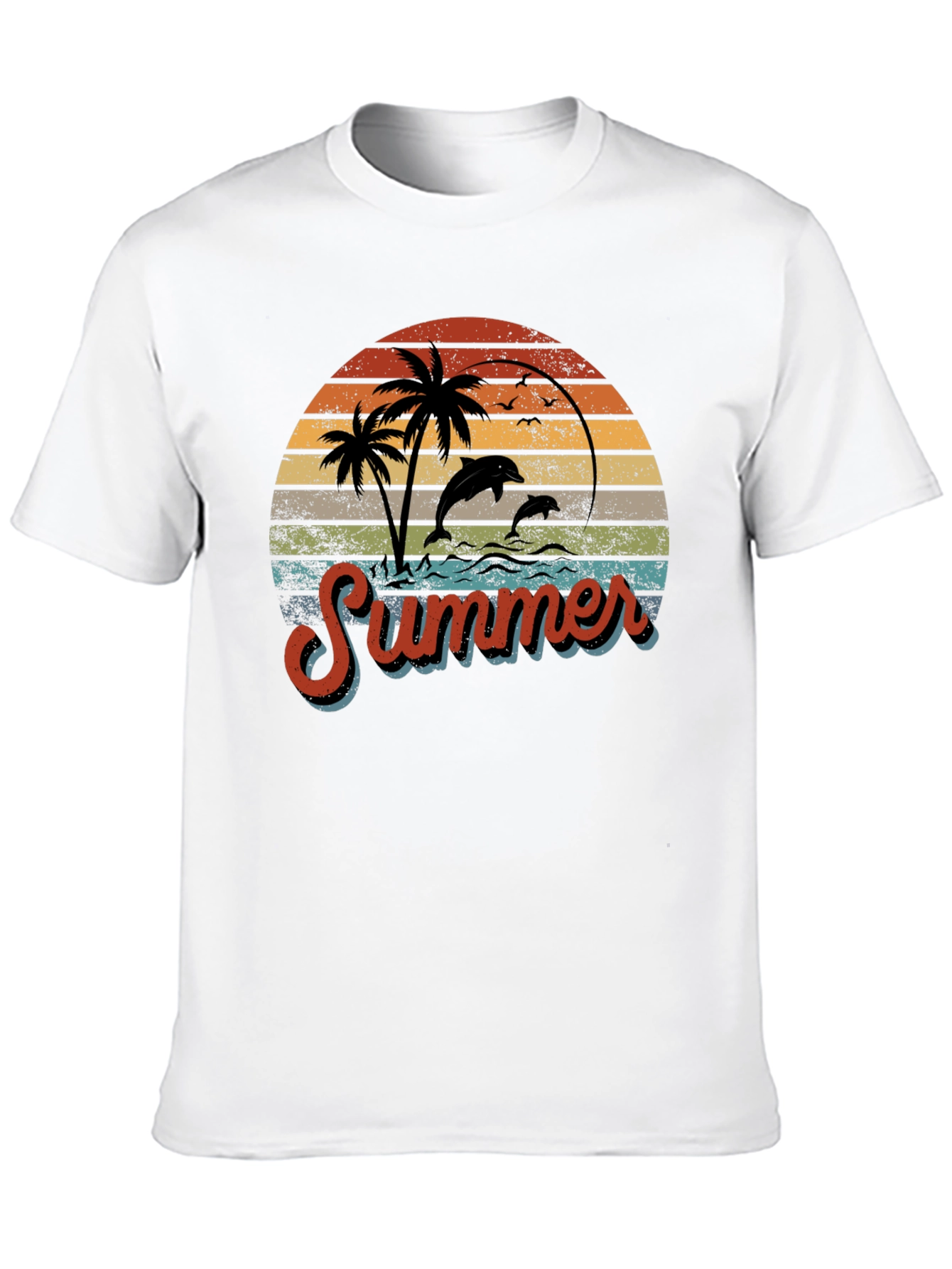 Retro Summer T-Shirt with Dolphins and Palm Trees