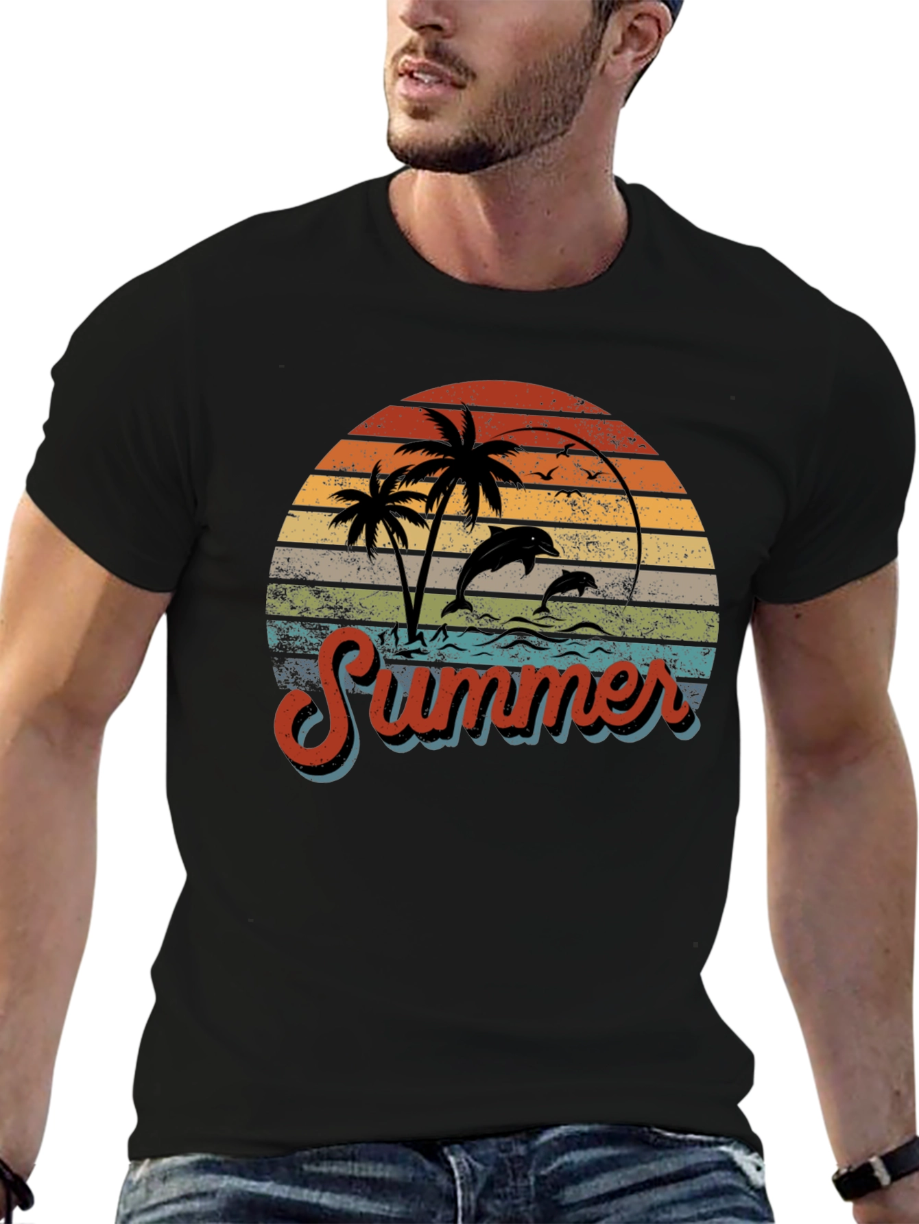 Retro Summer T-Shirt with Dolphins and Palm Trees