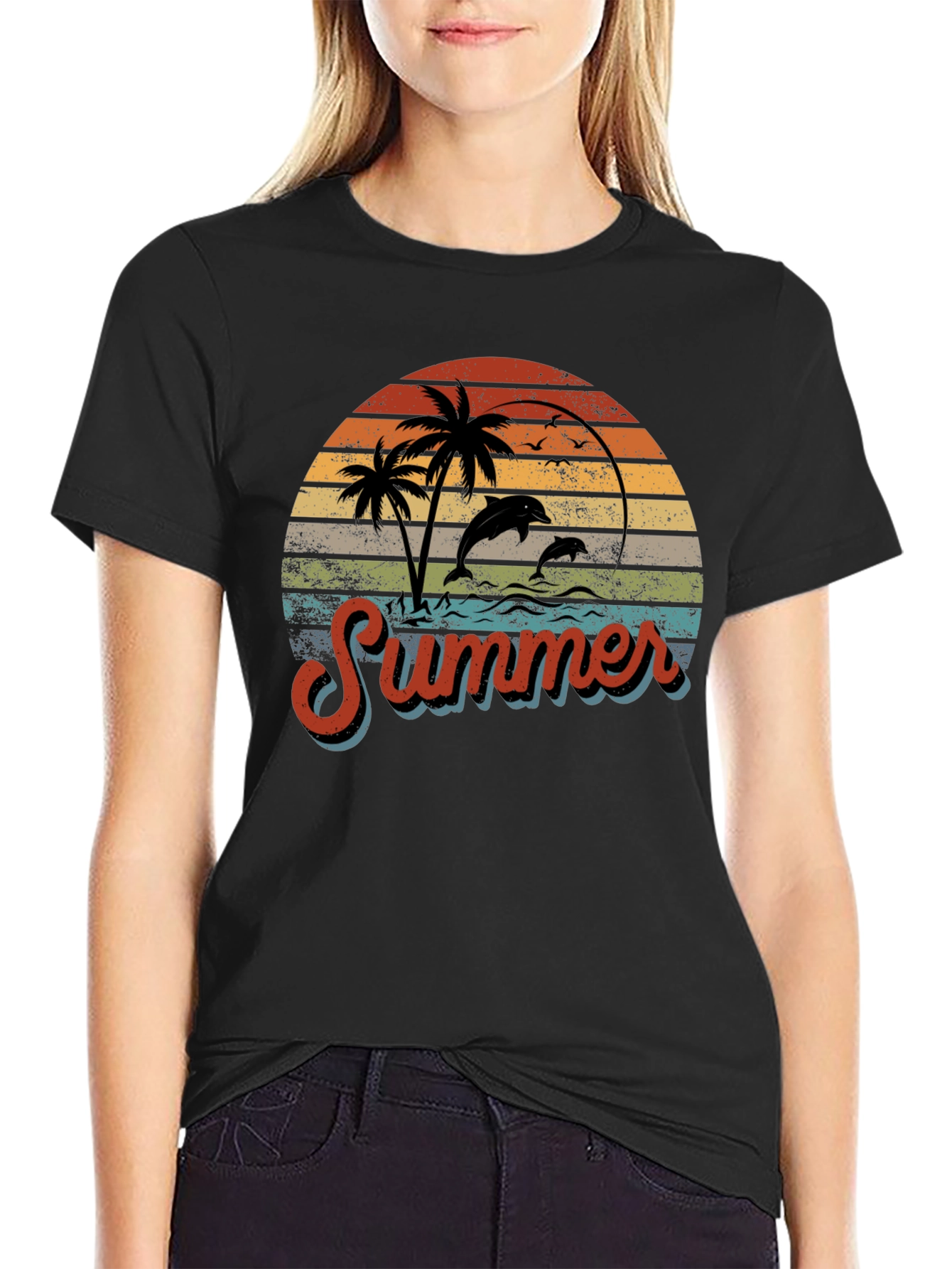 Retro Summer T-Shirt with Dolphins and Palm Trees