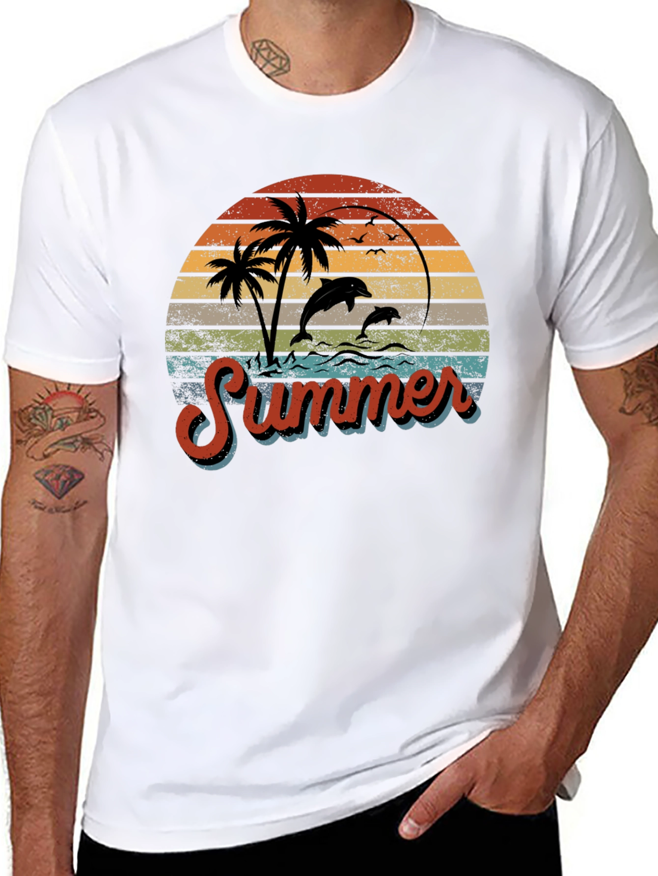 Retro Summer T-Shirt with Dolphins and Palm Trees