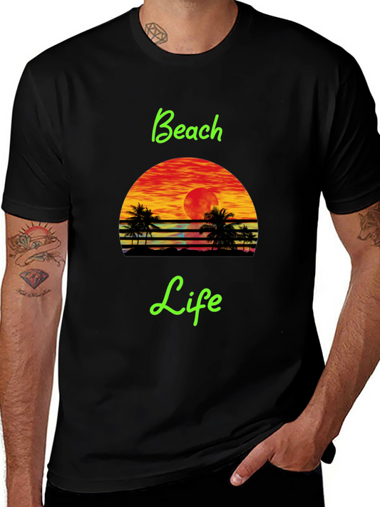 Beach Life Black T-Shirt Retro Sunset Palm Tree Design