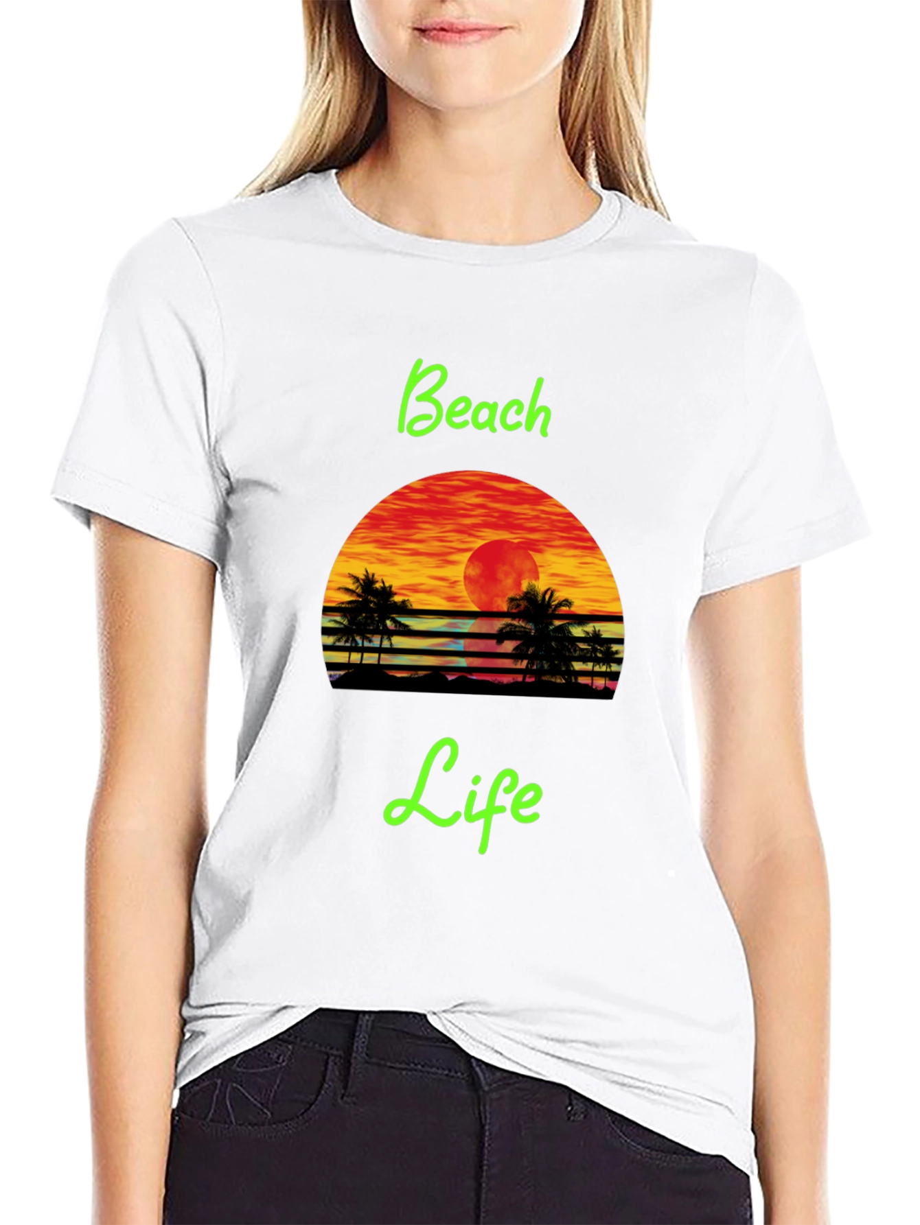 Beach Life Black T-Shirt Retro Sunset Palm Tree Design