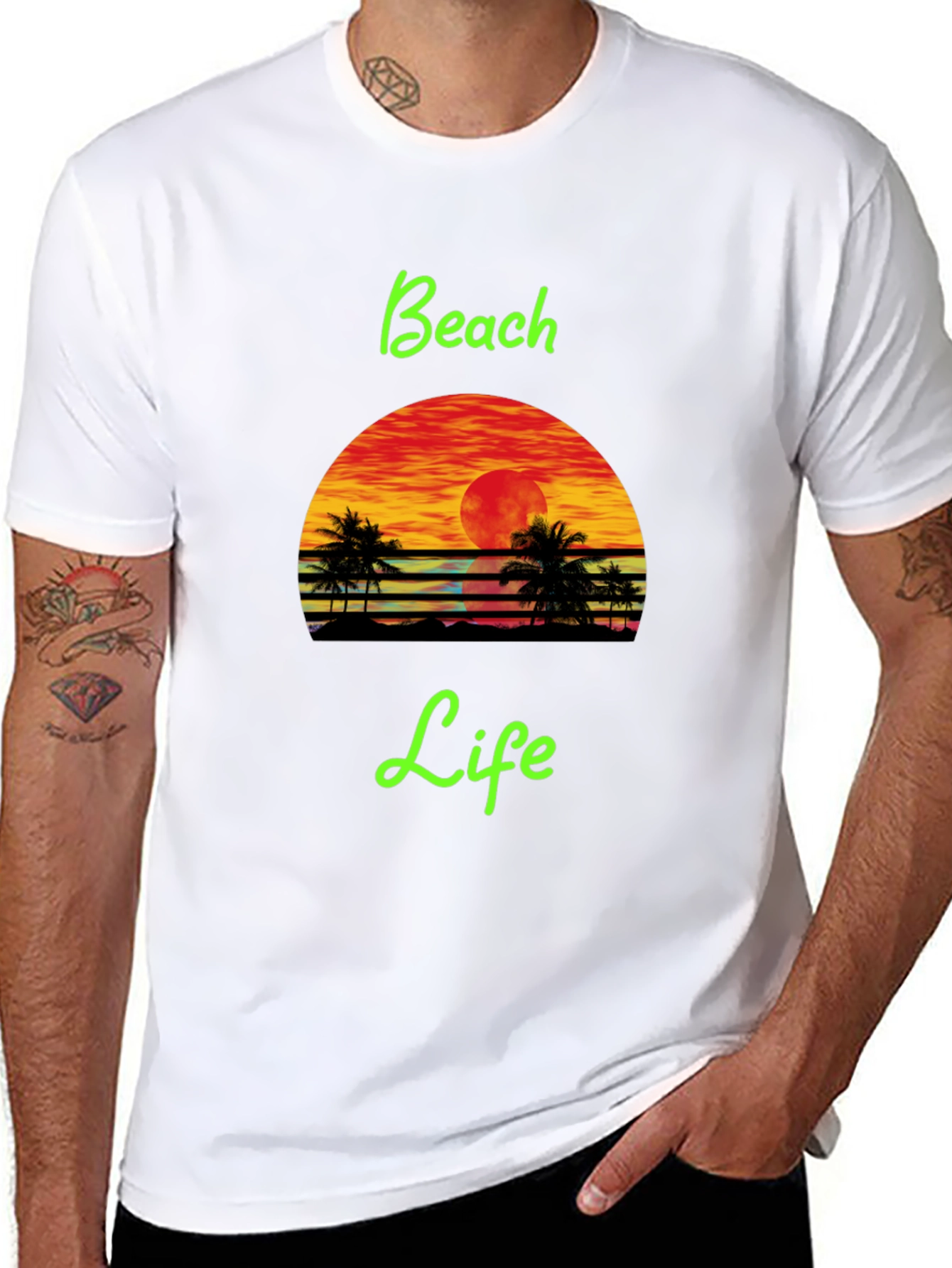 Beach Life Black T-Shirt Retro Sunset Palm Tree Design