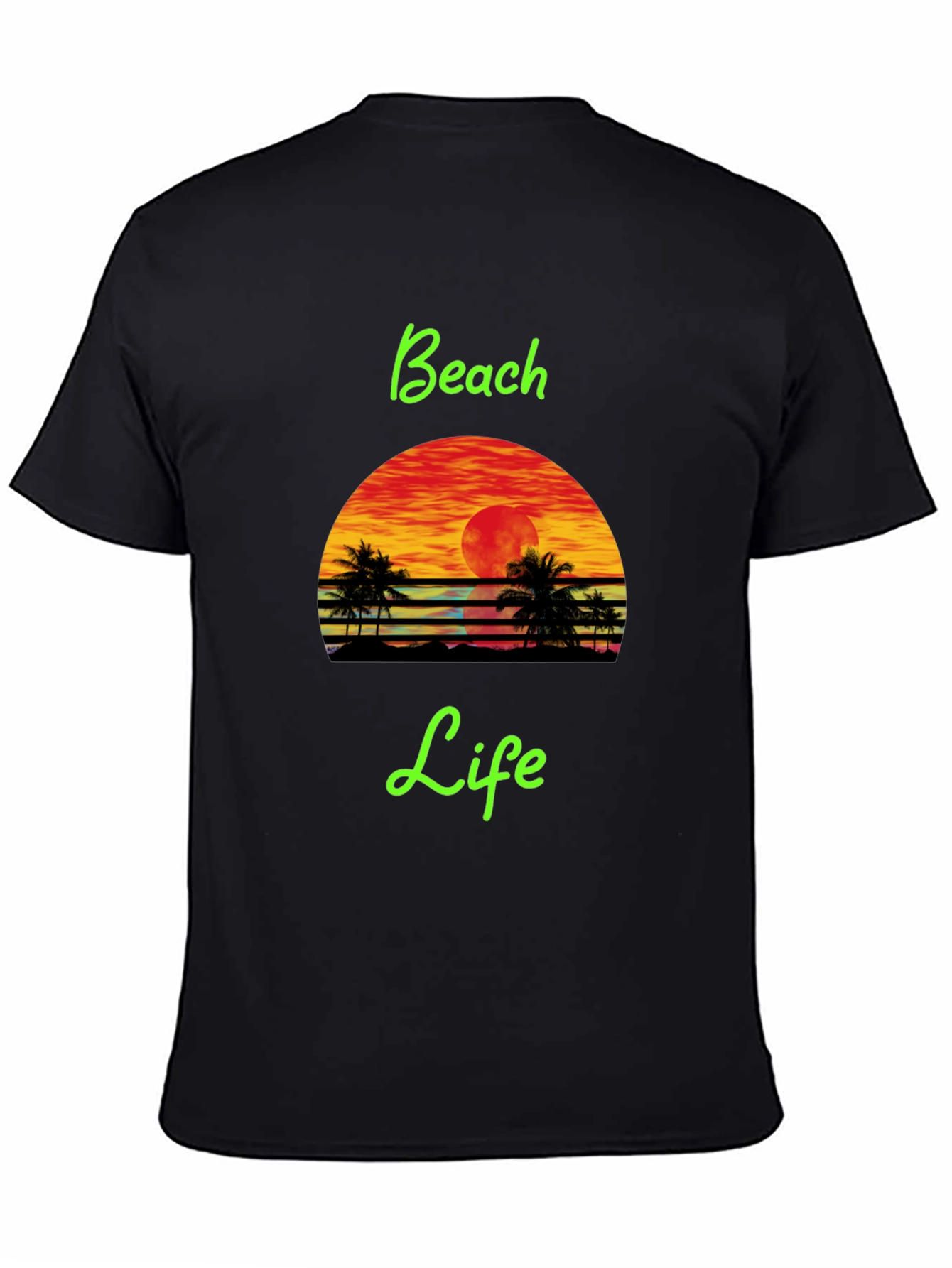 Beach Life Black T-Shirt Retro Sunset Palm Tree Design