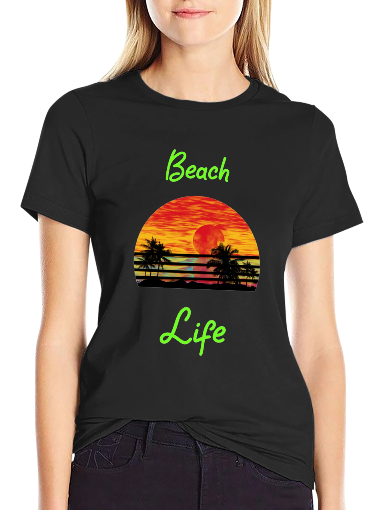 Beach Life Black T-Shirt Retro Sunset Palm Tree Design
