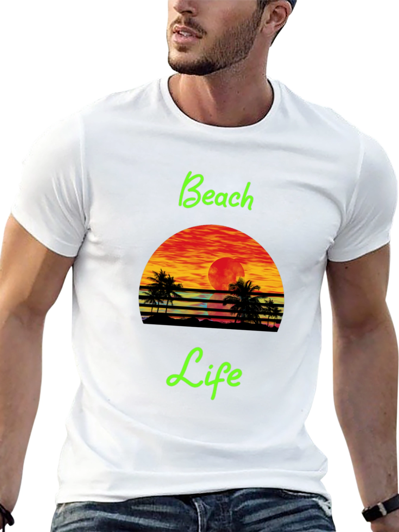 Beach Life Black T-Shirt Retro Sunset Palm Tree Design