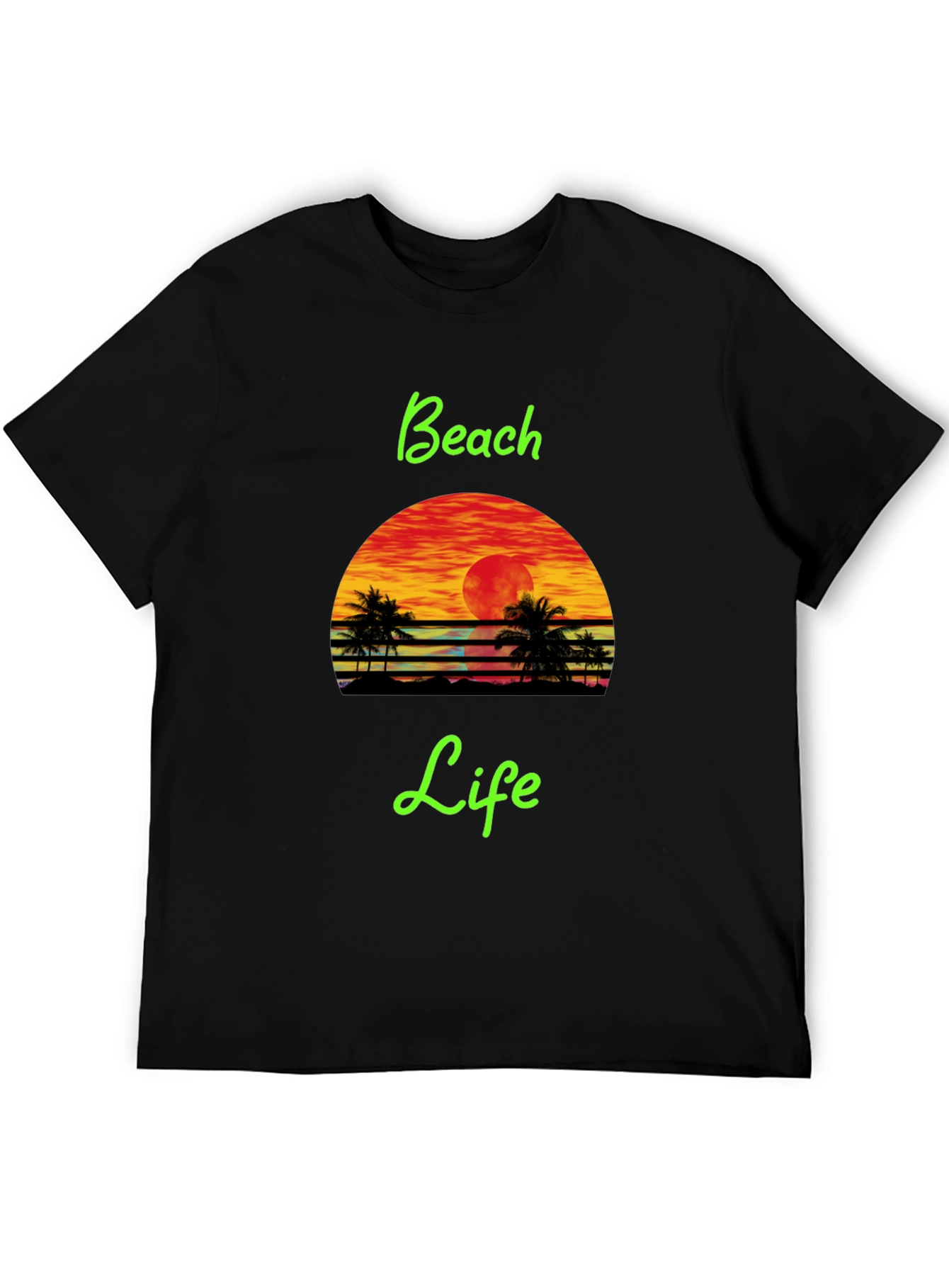 Beach Life Black T-Shirt Retro Sunset Palm Tree Design