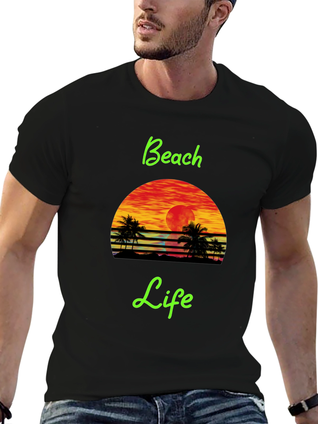 Beach Life Black T-Shirt Retro Sunset Palm Tree Design