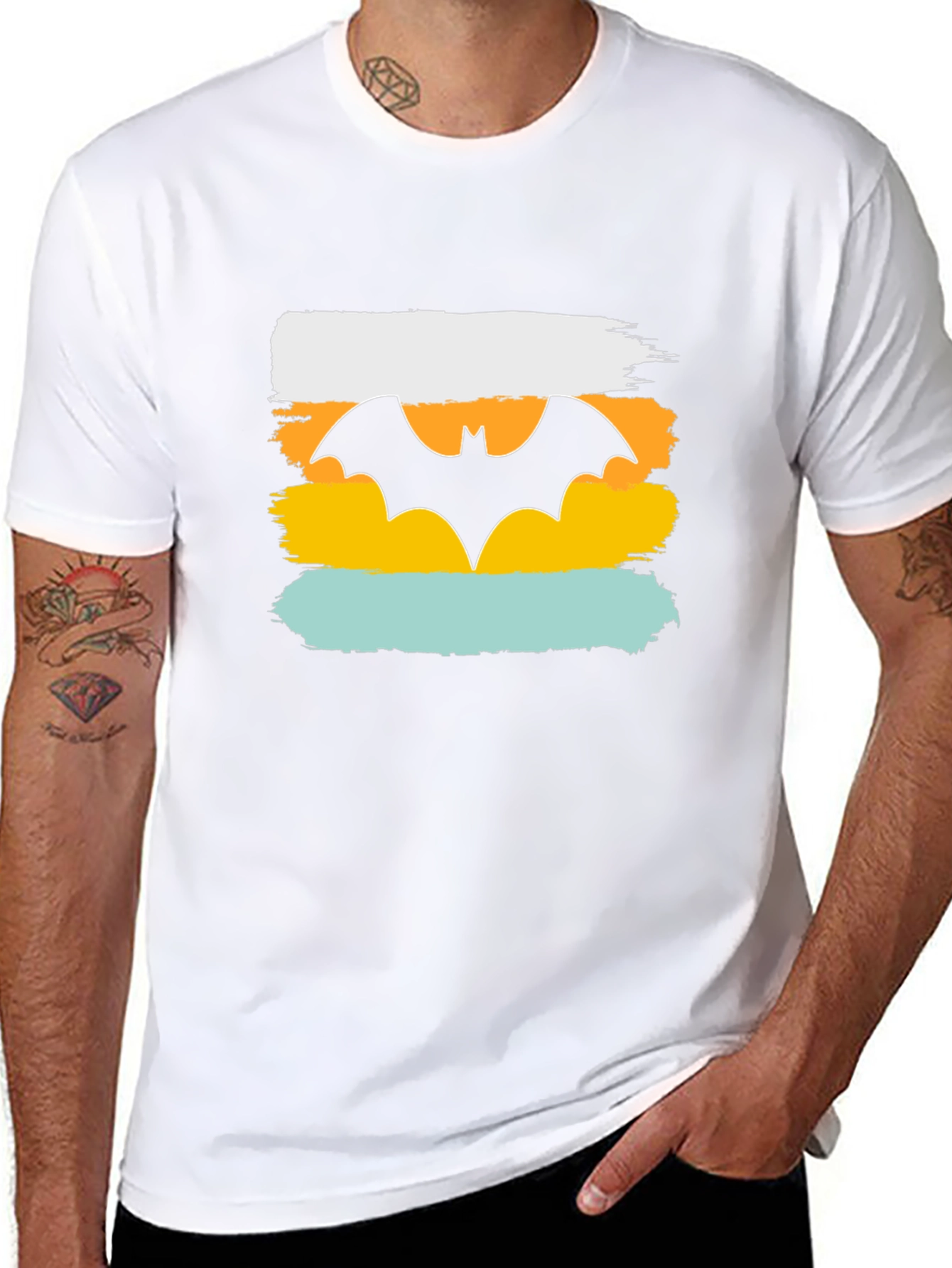 Mens Graphic Tee: Retro Bat Symbol Design