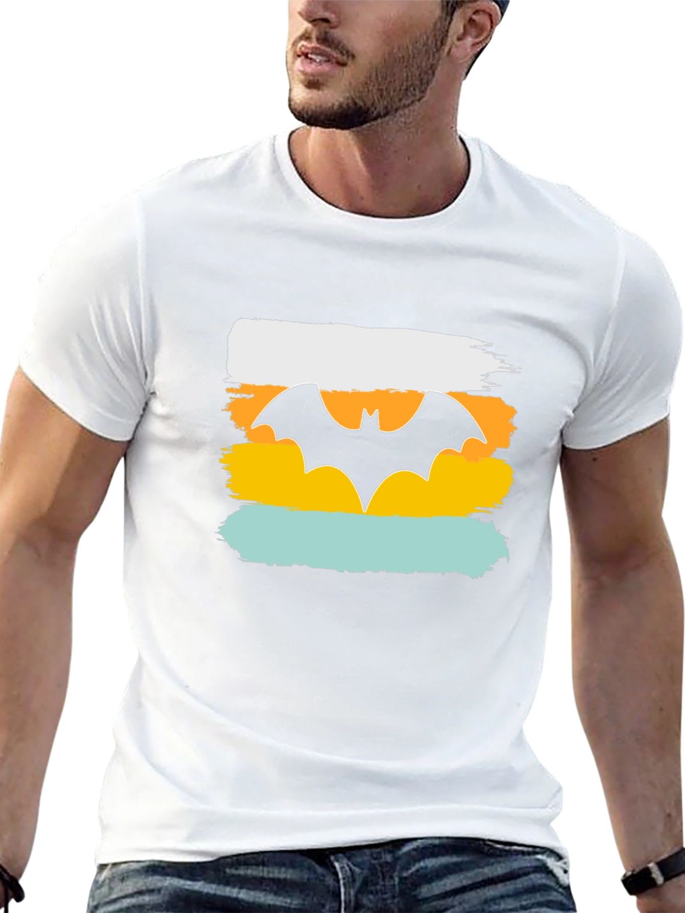 Mens Graphic Tee: Retro Bat Symbol Design