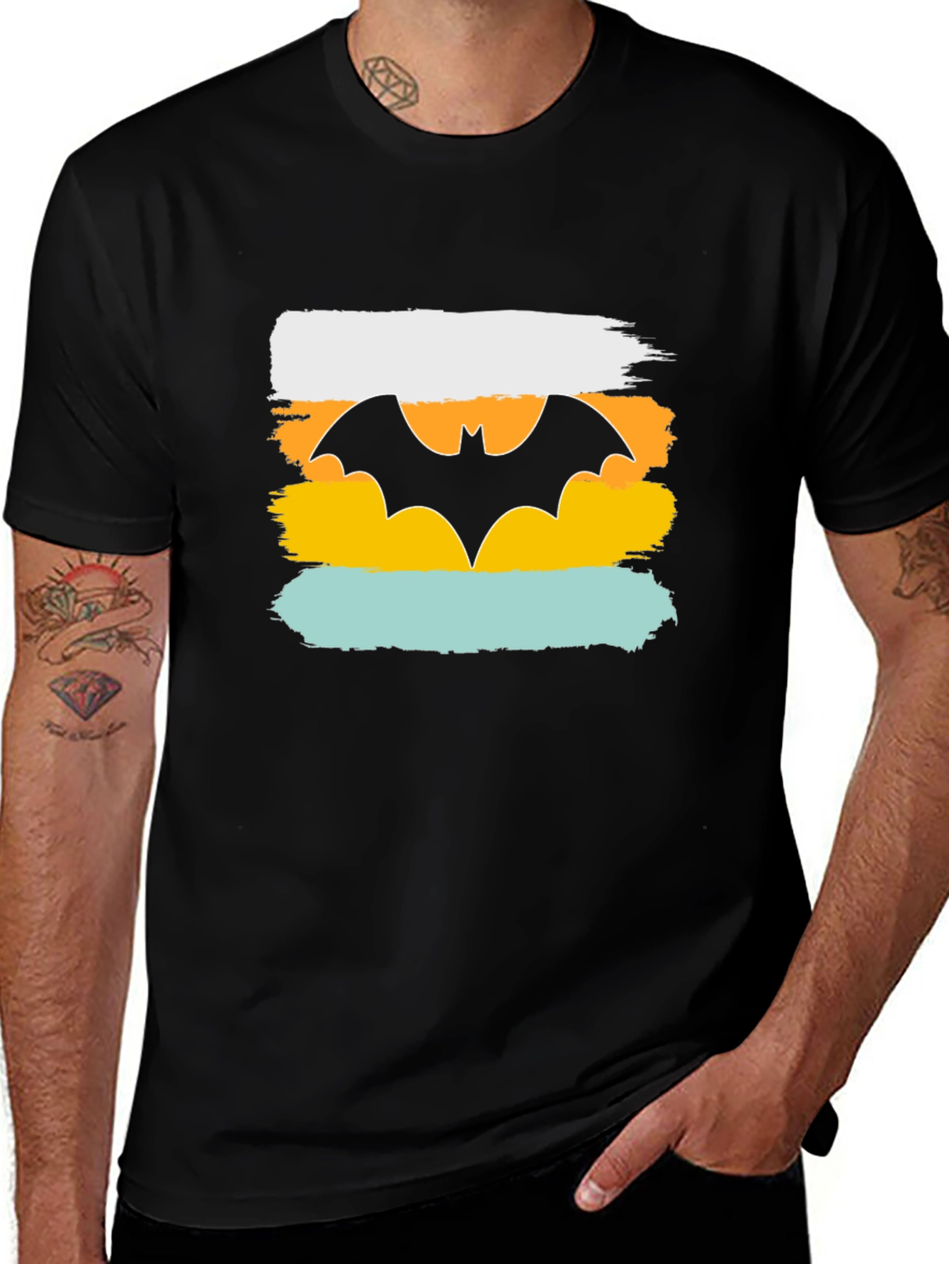 Mens Graphic Tee: Retro Bat Symbol Design