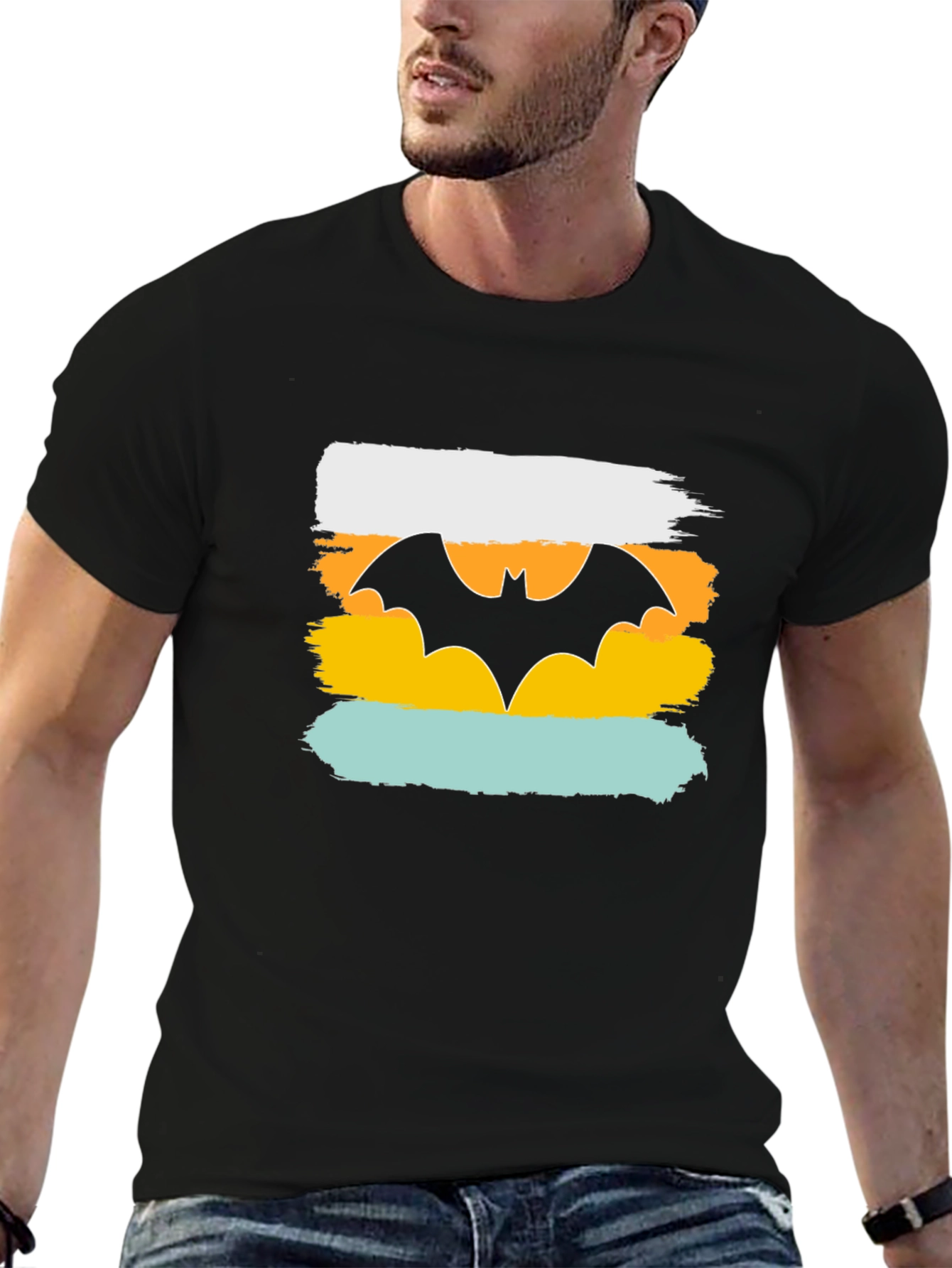 Mens Graphic Tee: Retro Bat Symbol Design