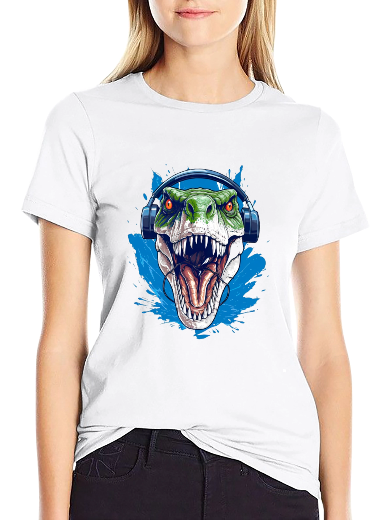 Dino Beats T-Shirt - Green T-Rex with Headphones
