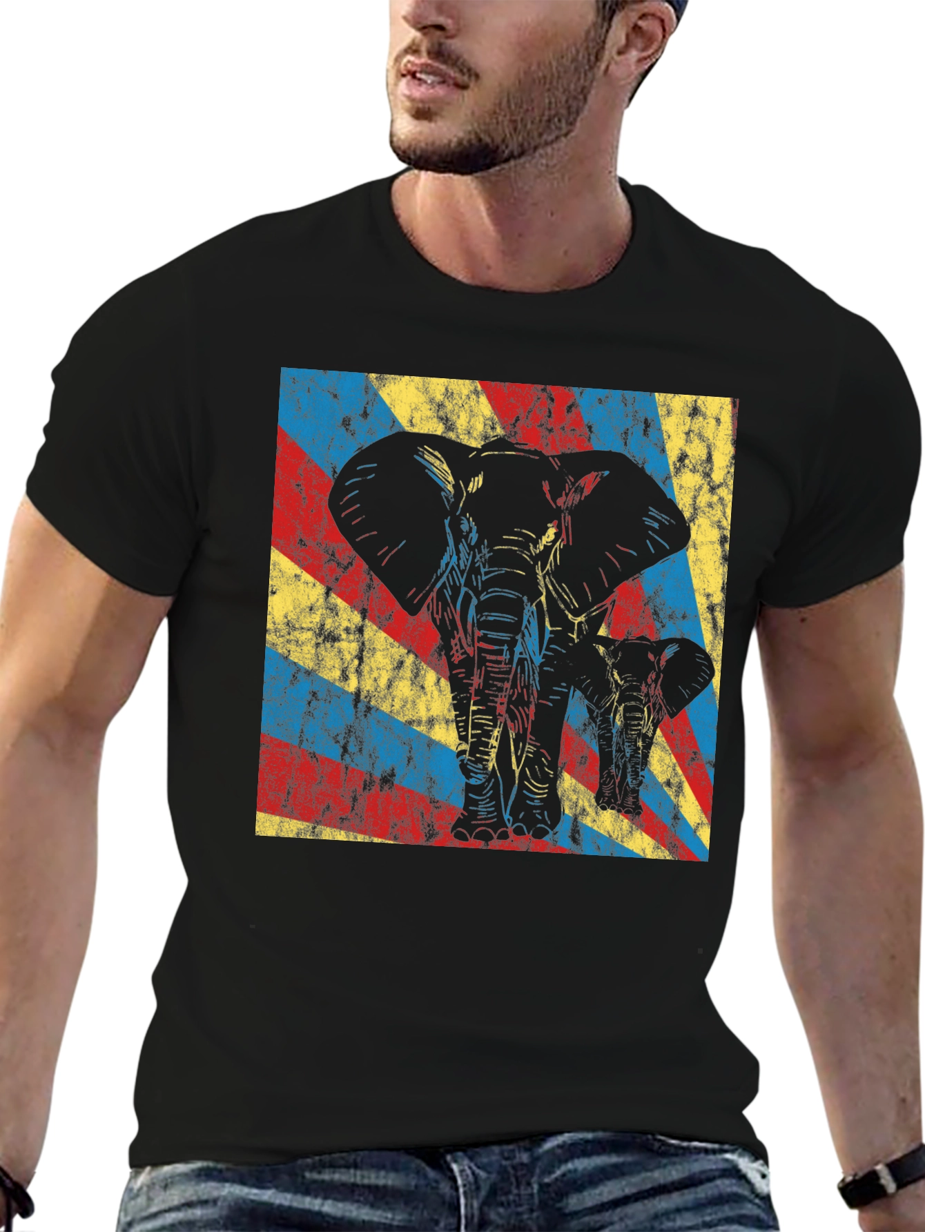 Elephant Graphic Tee - Retro Style Black T-Shirt
