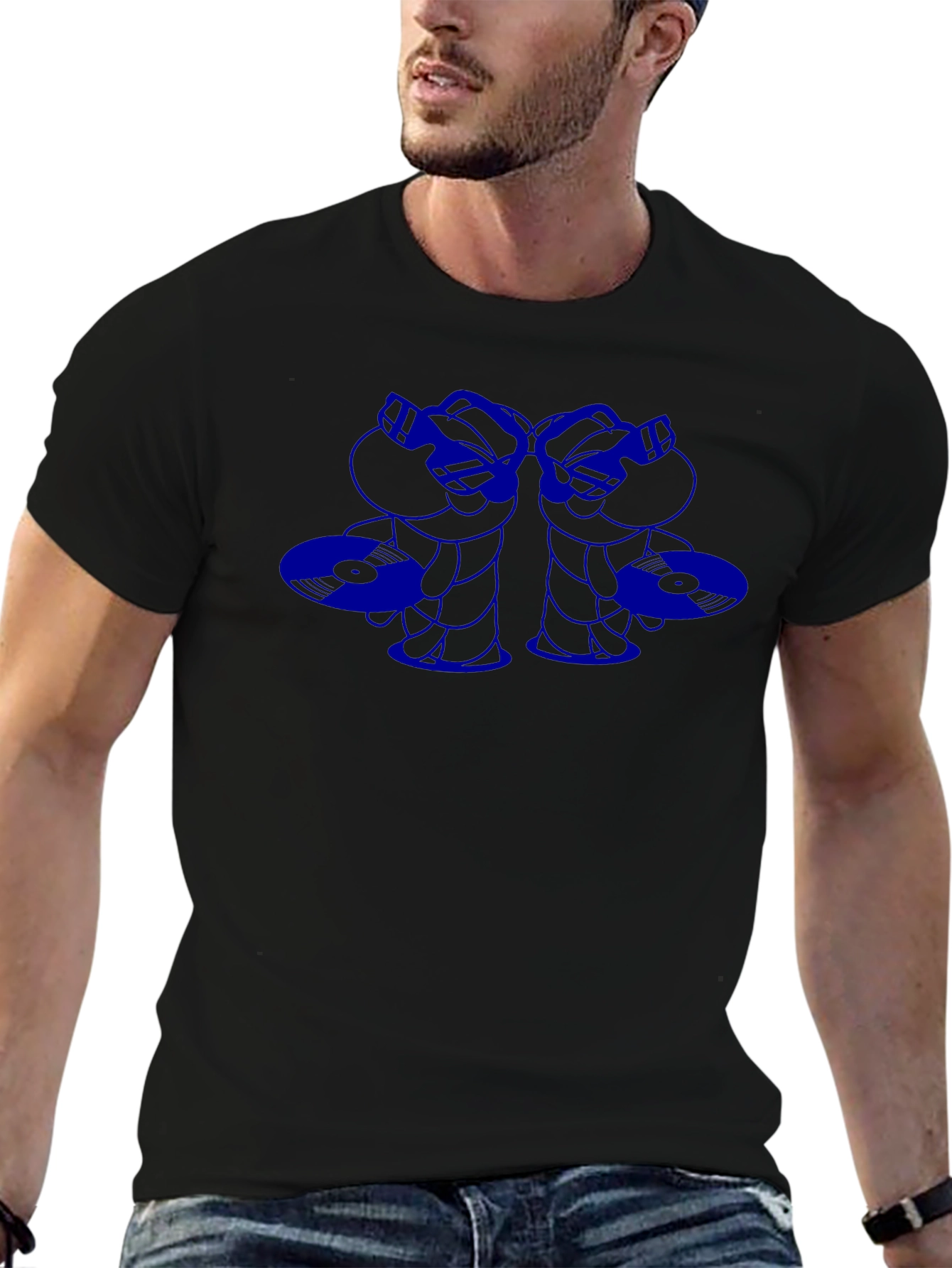 Blue Cartoon Graphic Print Black T-Shirt