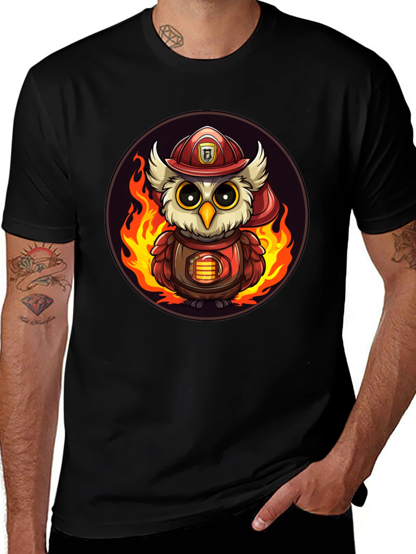 Firefighter Owl T-Shirt - Cartoon Design
