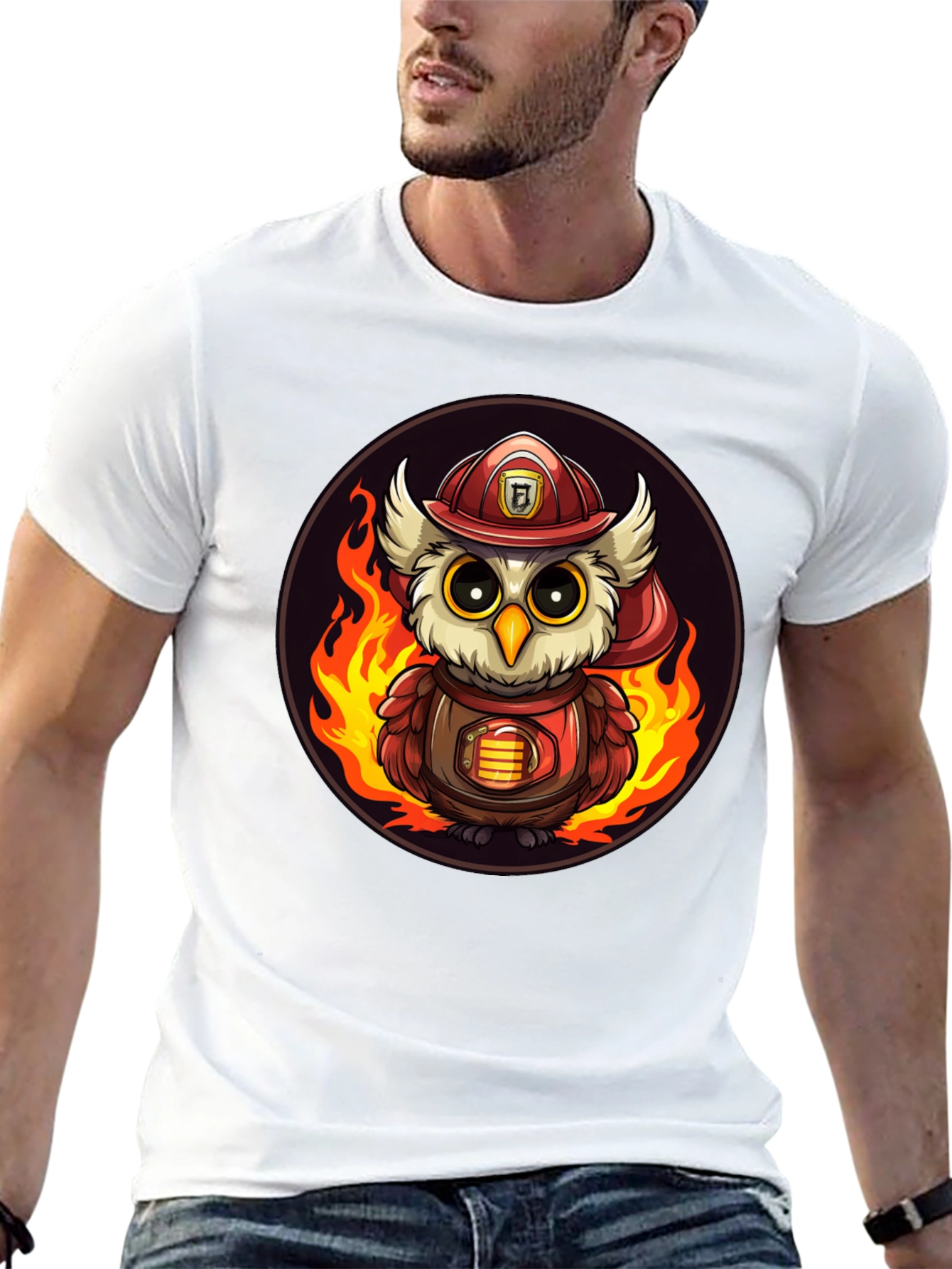 Firefighter Owl T-Shirt - Cartoon Design