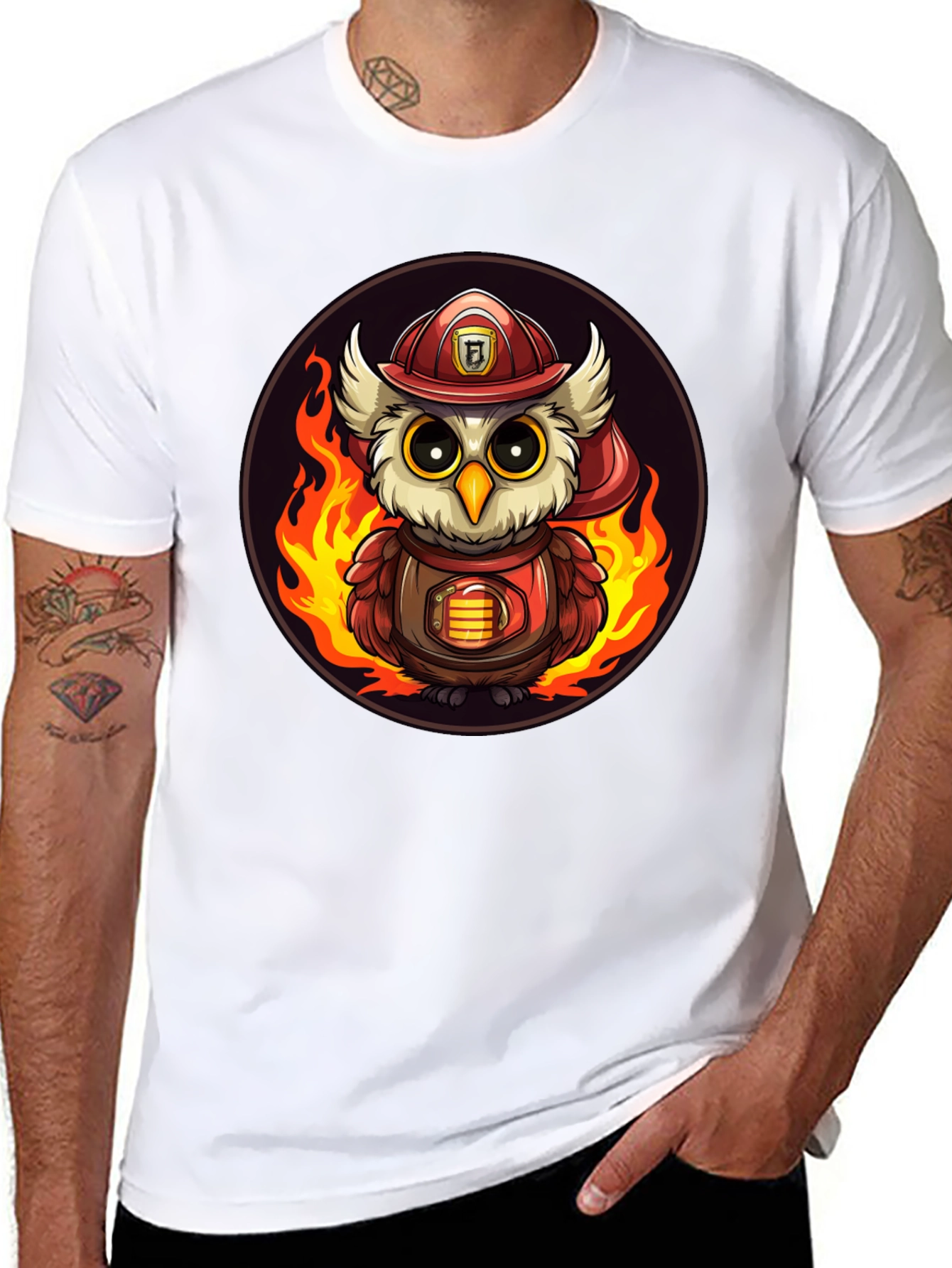 Firefighter Owl T-Shirt - Cartoon Design