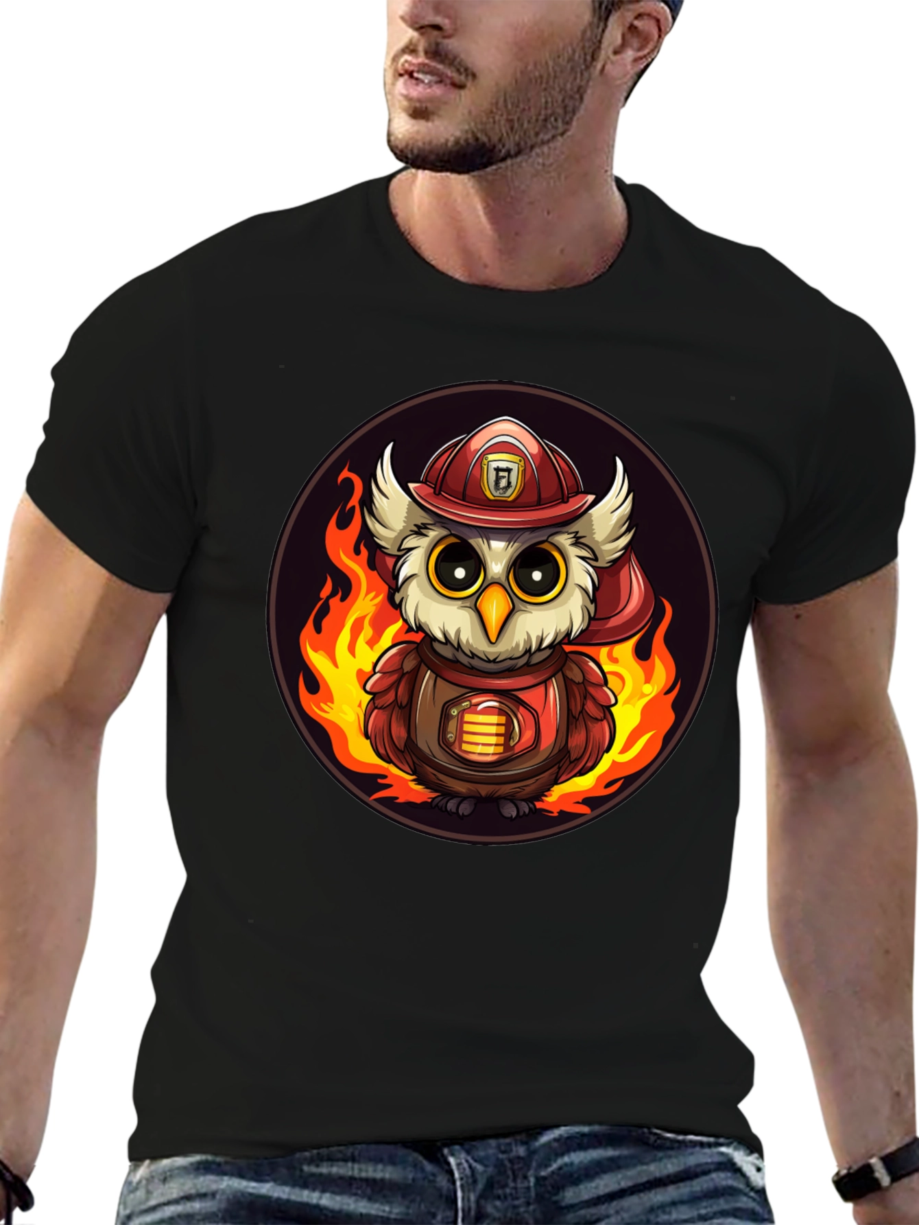 Firefighter Owl T-Shirt - Cartoon Design