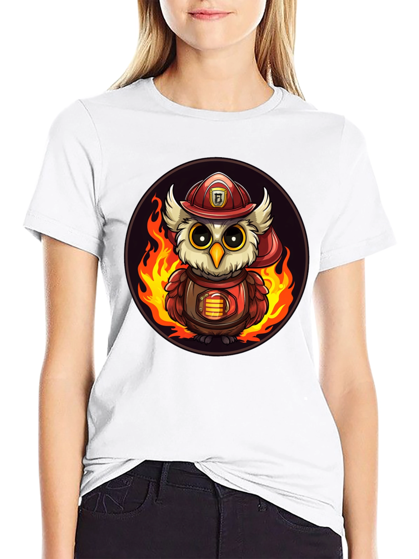 Firefighter Owl T-Shirt - Cartoon Design