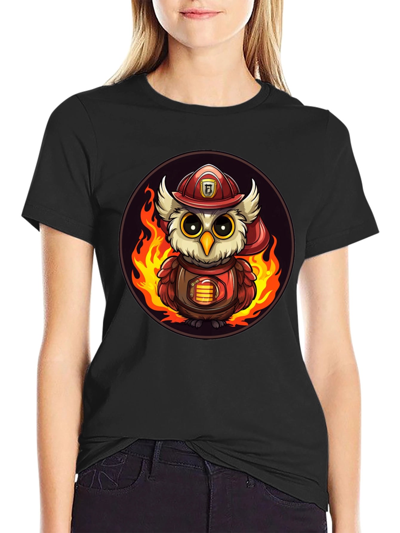 Firefighter Owl T-Shirt - Cartoon Design