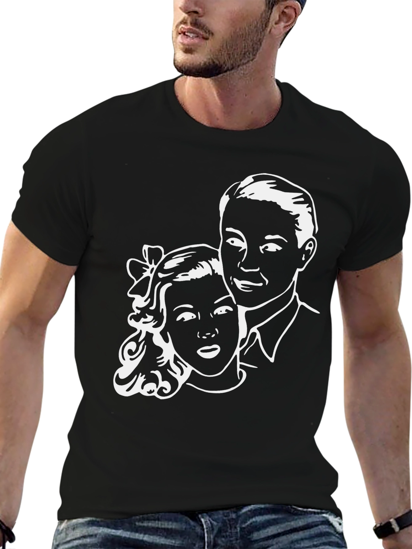 Retro Couple Graphic Tee - Classic Black T-Shirt