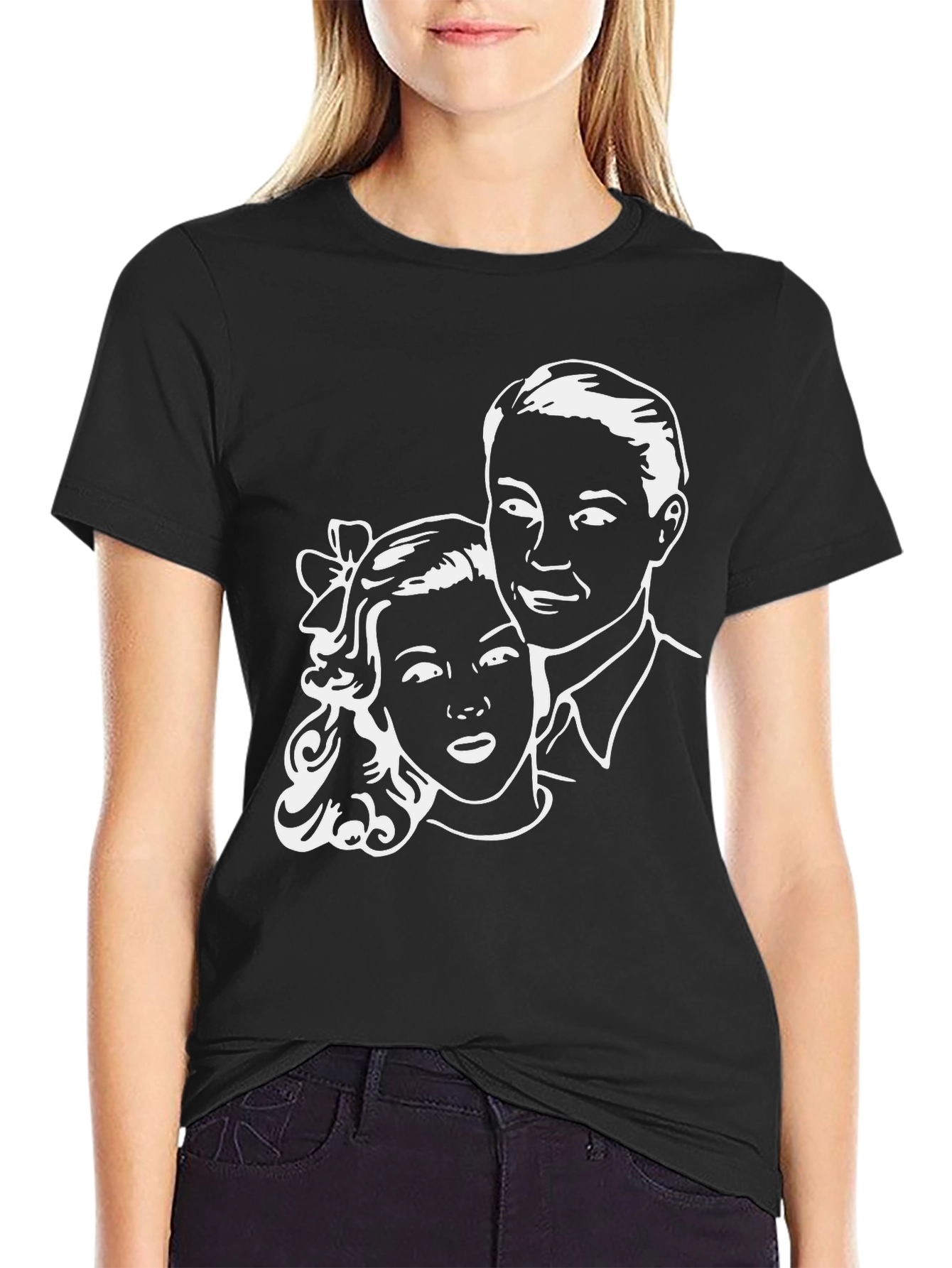 Retro Couple Graphic Tee - Classic Black T-Shirt