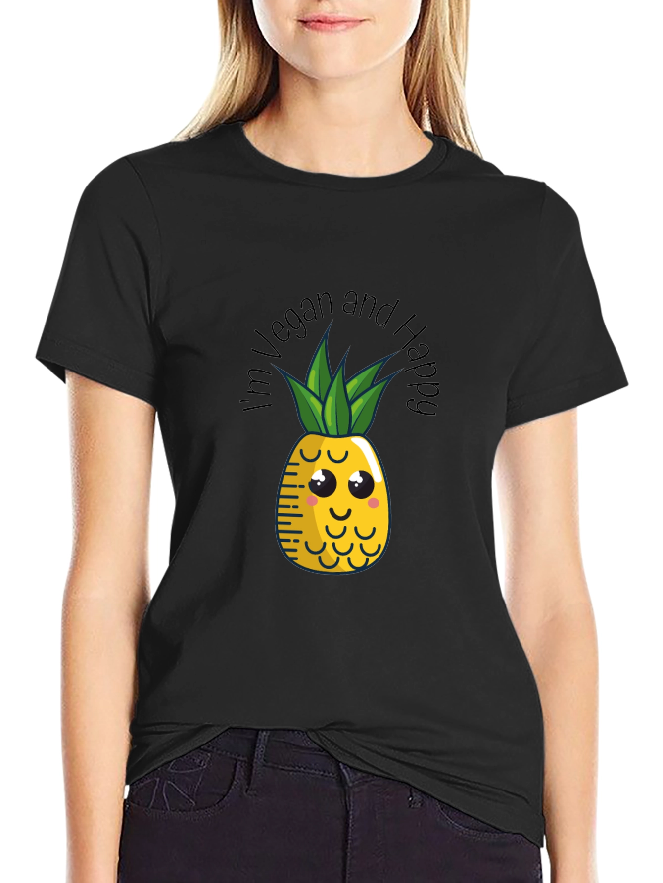 Vegan & Happy Pineapple Graphic Tee - Black