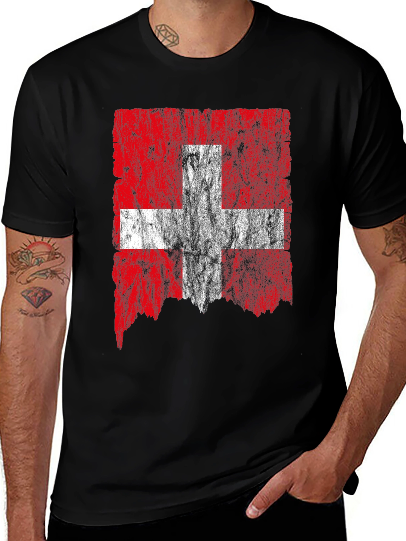 Swiss Flag Distressed T-Shirt - Black