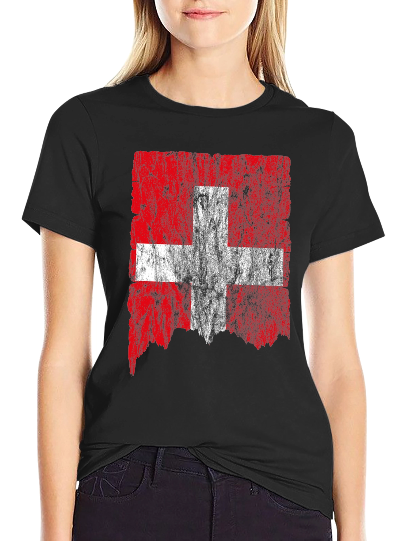 Swiss Flag Distressed T-Shirt - Black