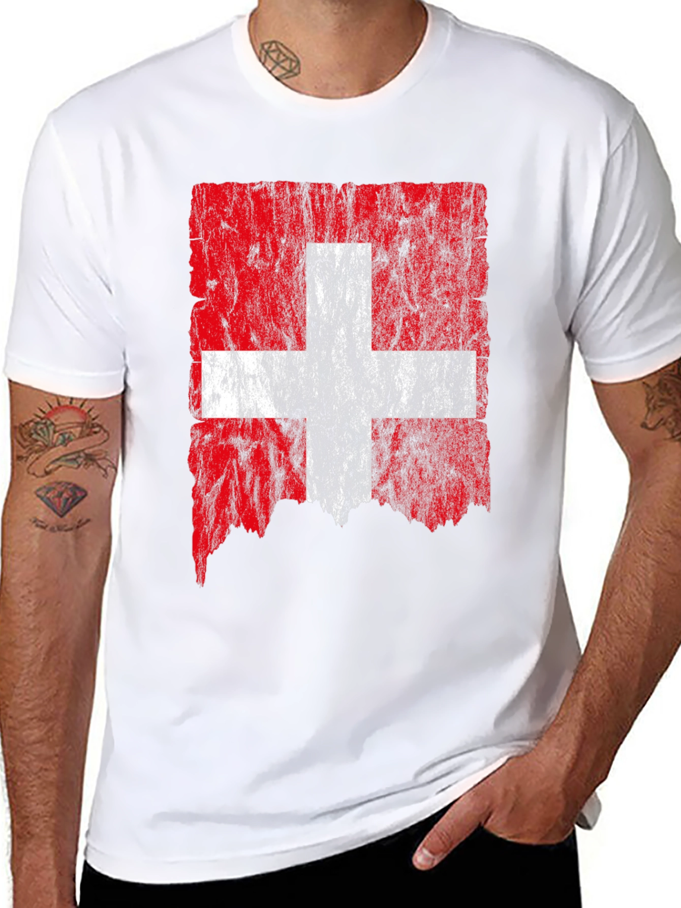 Swiss Flag Distressed T-Shirt - Black