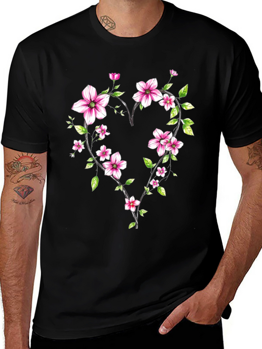 Floral Heart Graphic Black T-Shirt