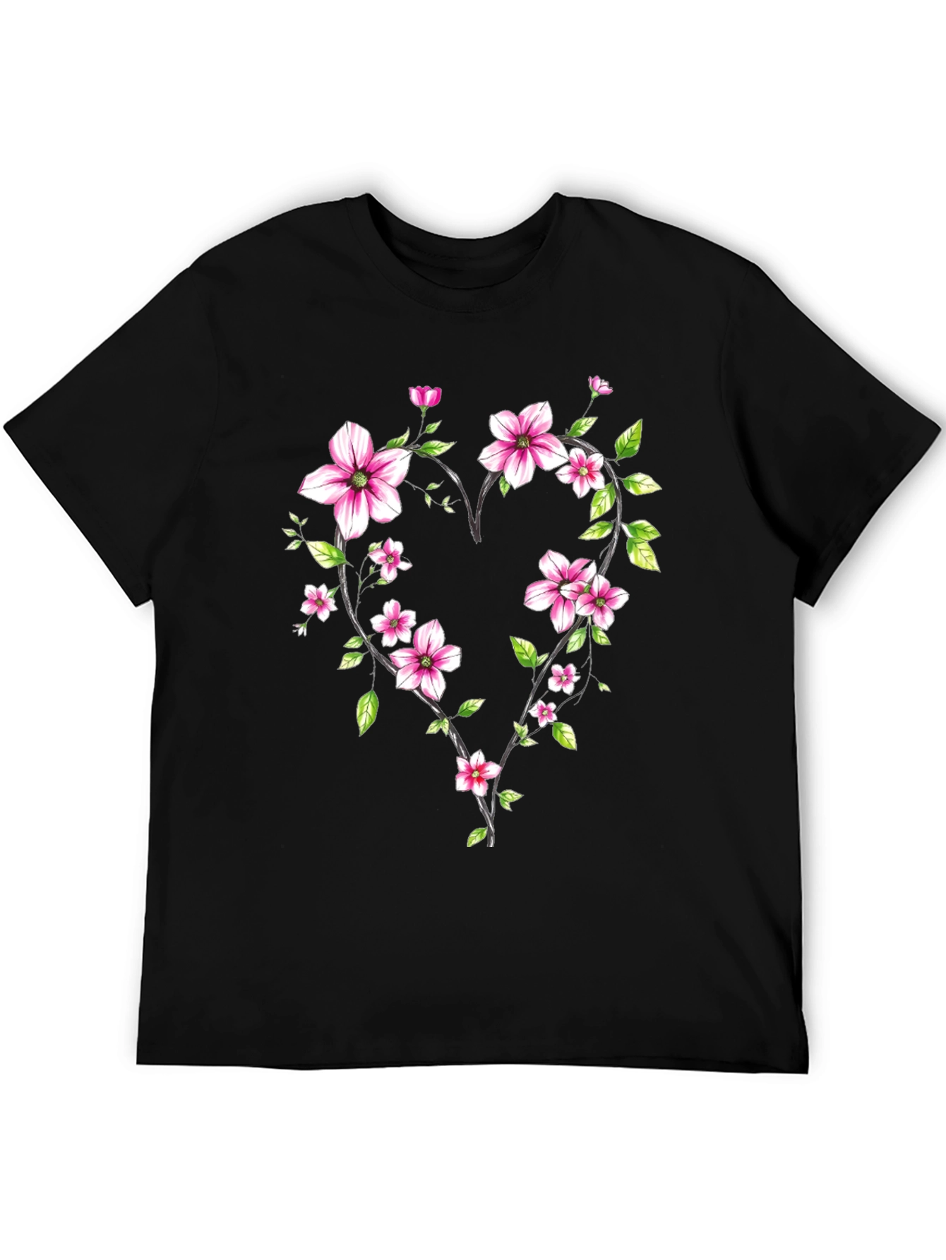 Floral Heart Graphic Black T-Shirt