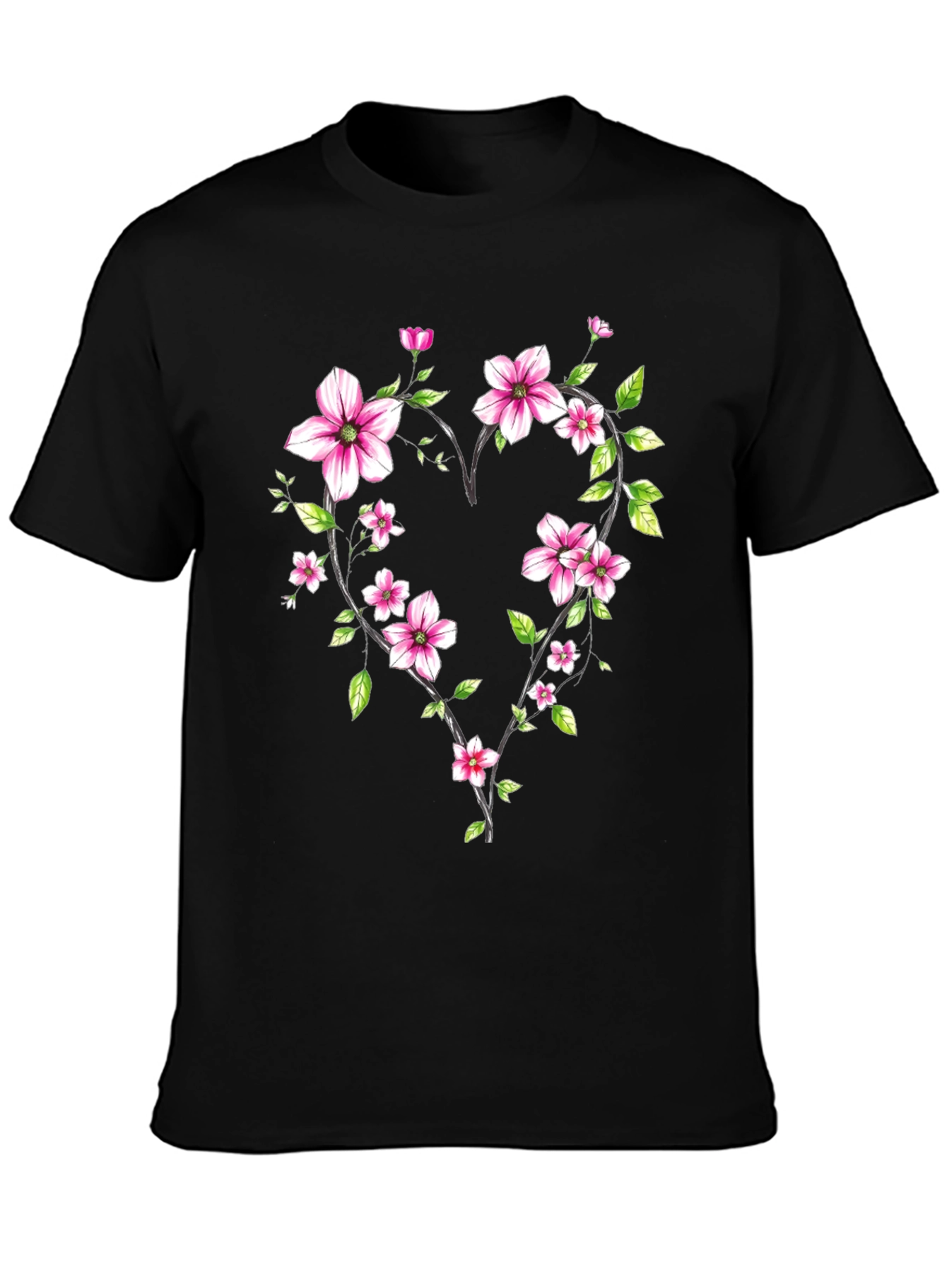 Floral Heart Graphic Black T-Shirt