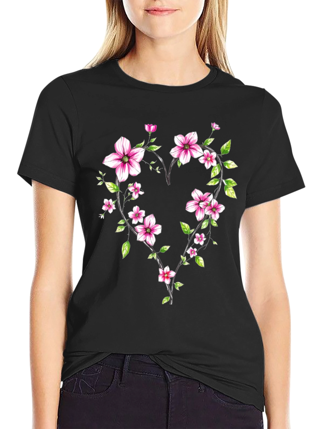 Floral Heart Graphic Black T-Shirt