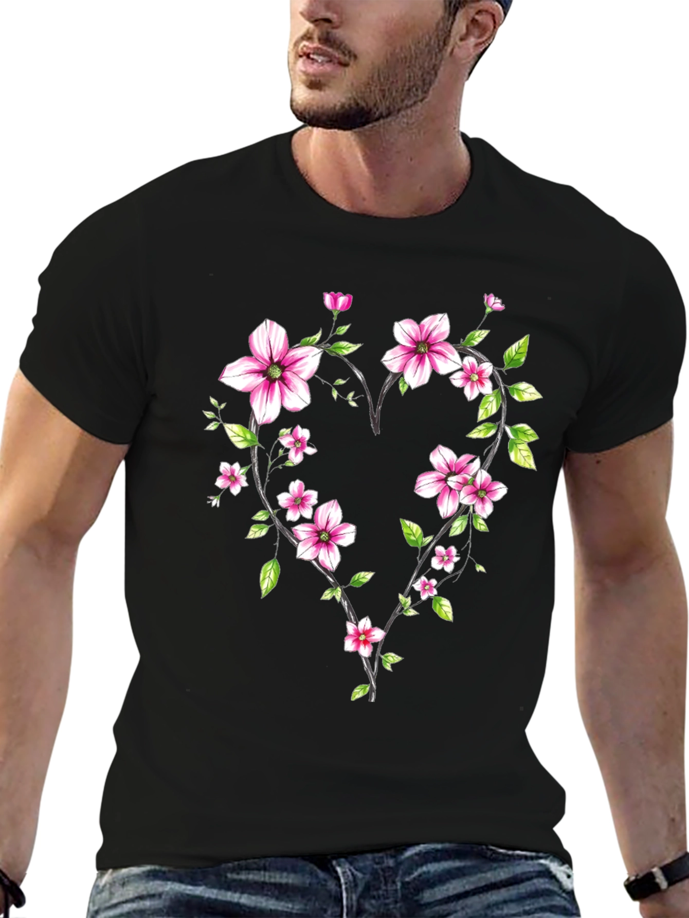 Floral Heart Graphic Black T-Shirt