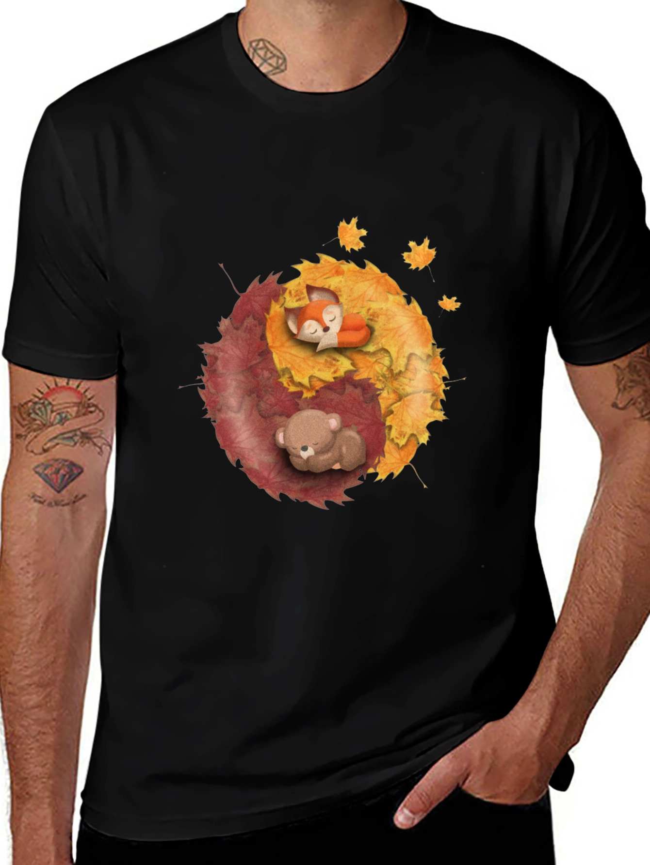 Yin Yang Autumnal Animals Black T-Shirt
