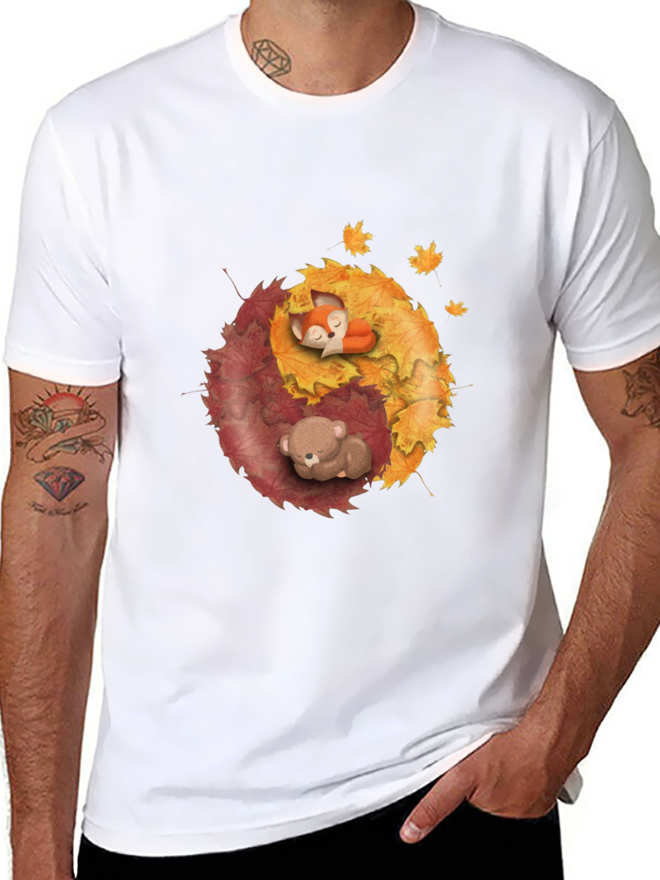 Yin Yang Autumnal Animals Black T-Shirt