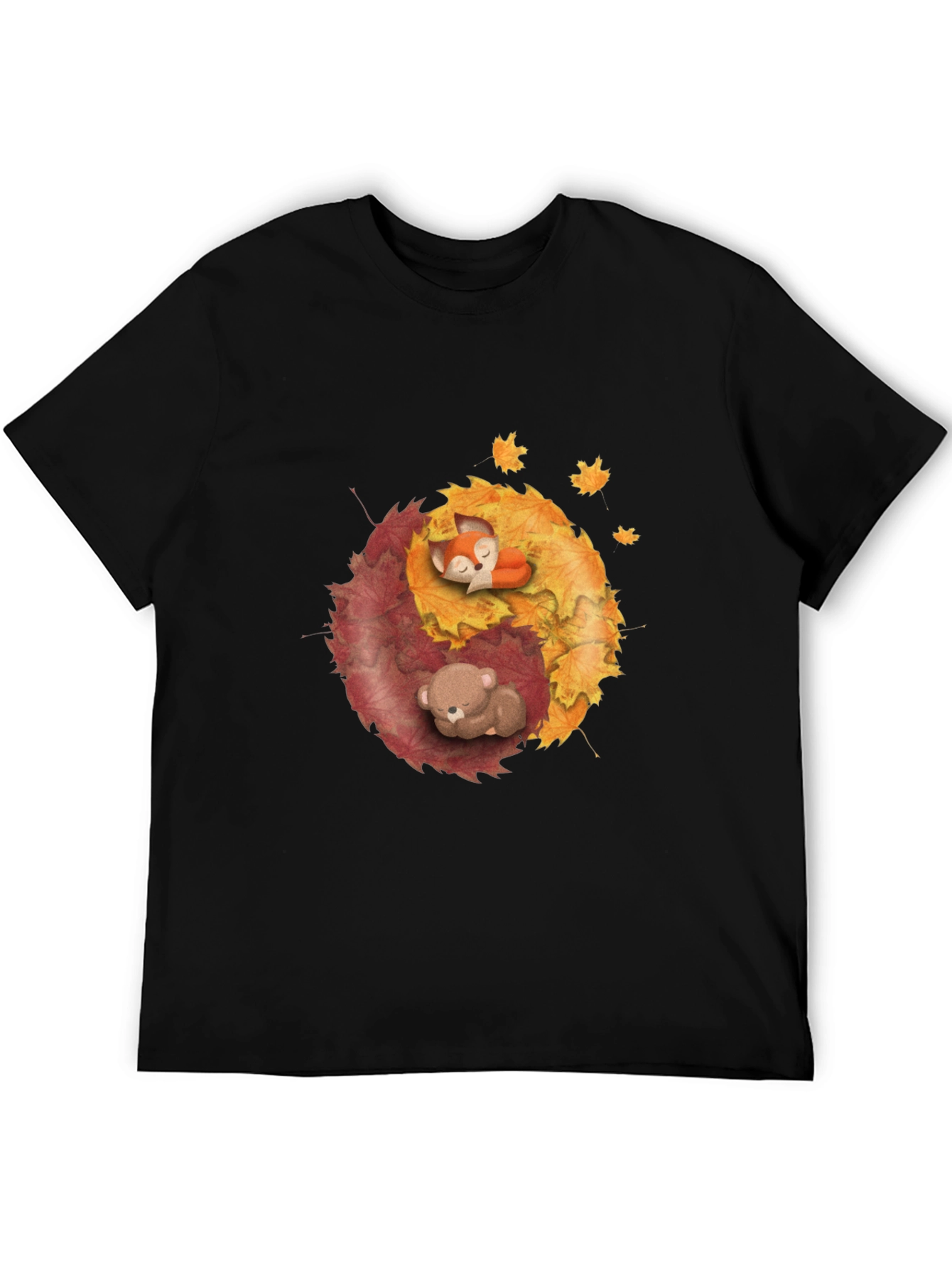 Yin Yang Autumnal Animals Black T-Shirt