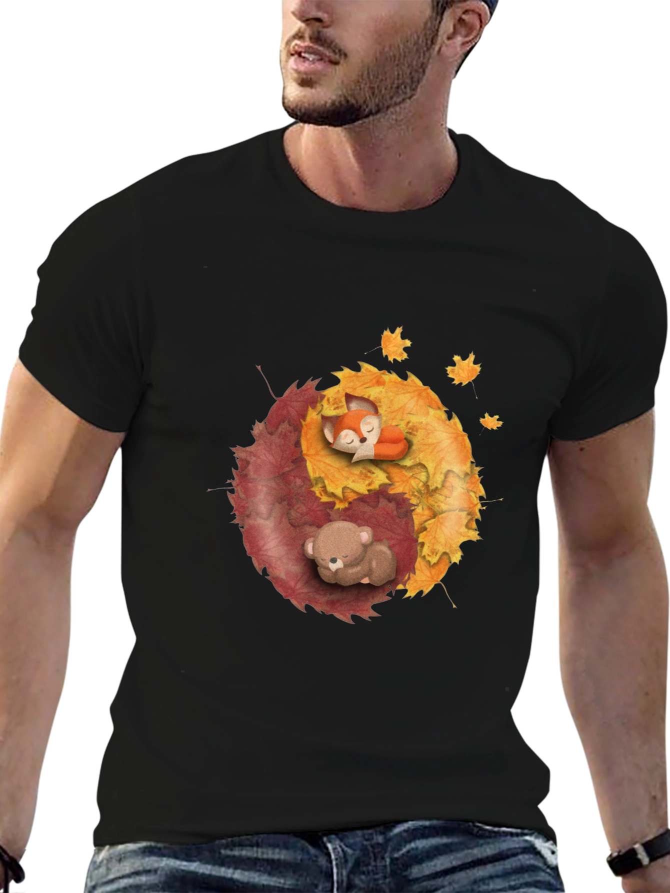 Yin Yang Autumnal Animals Black T-Shirt