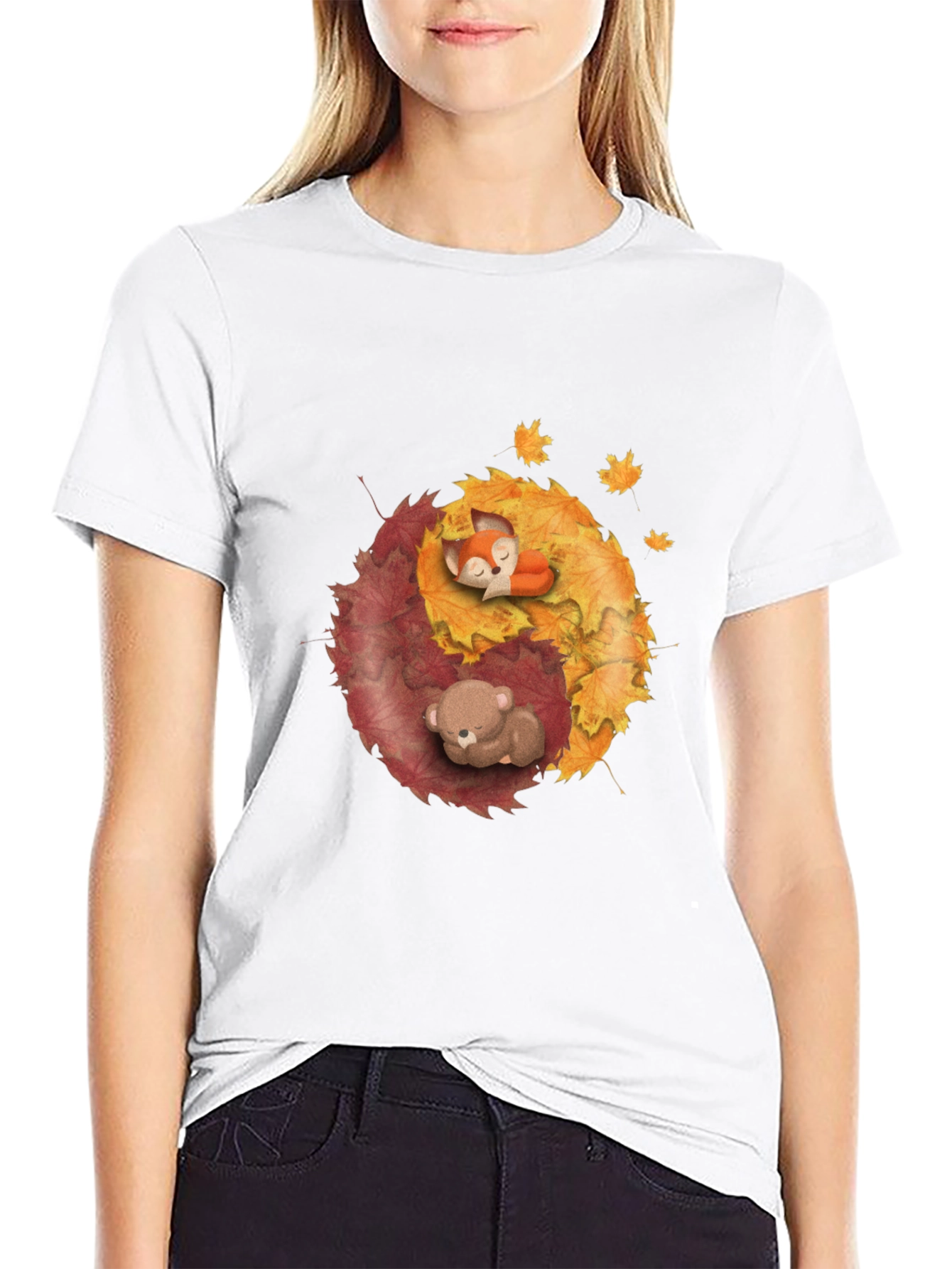 Yin Yang Autumnal Animals Black T-Shirt