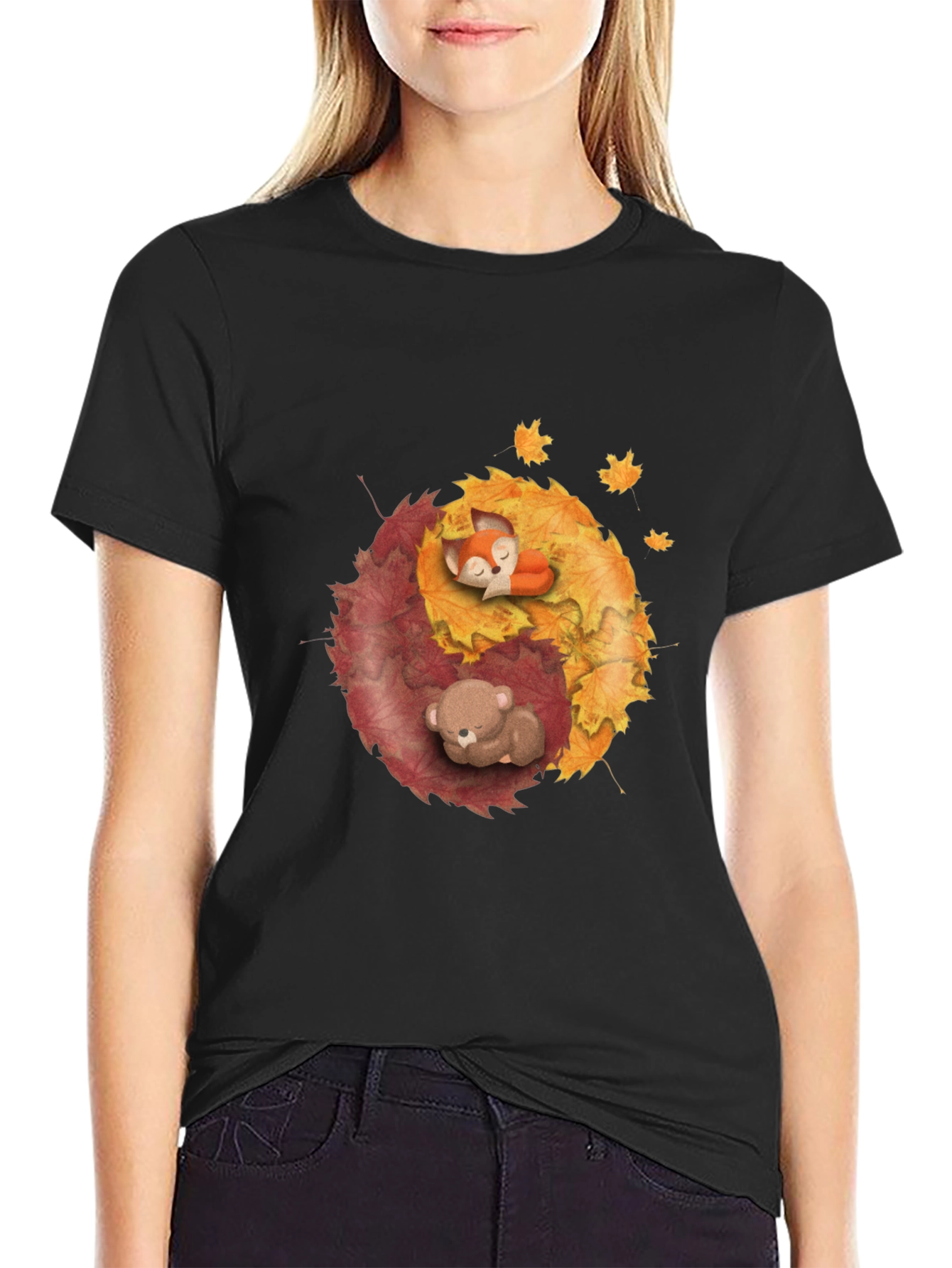 Yin Yang Autumnal Animals Black T-Shirt
