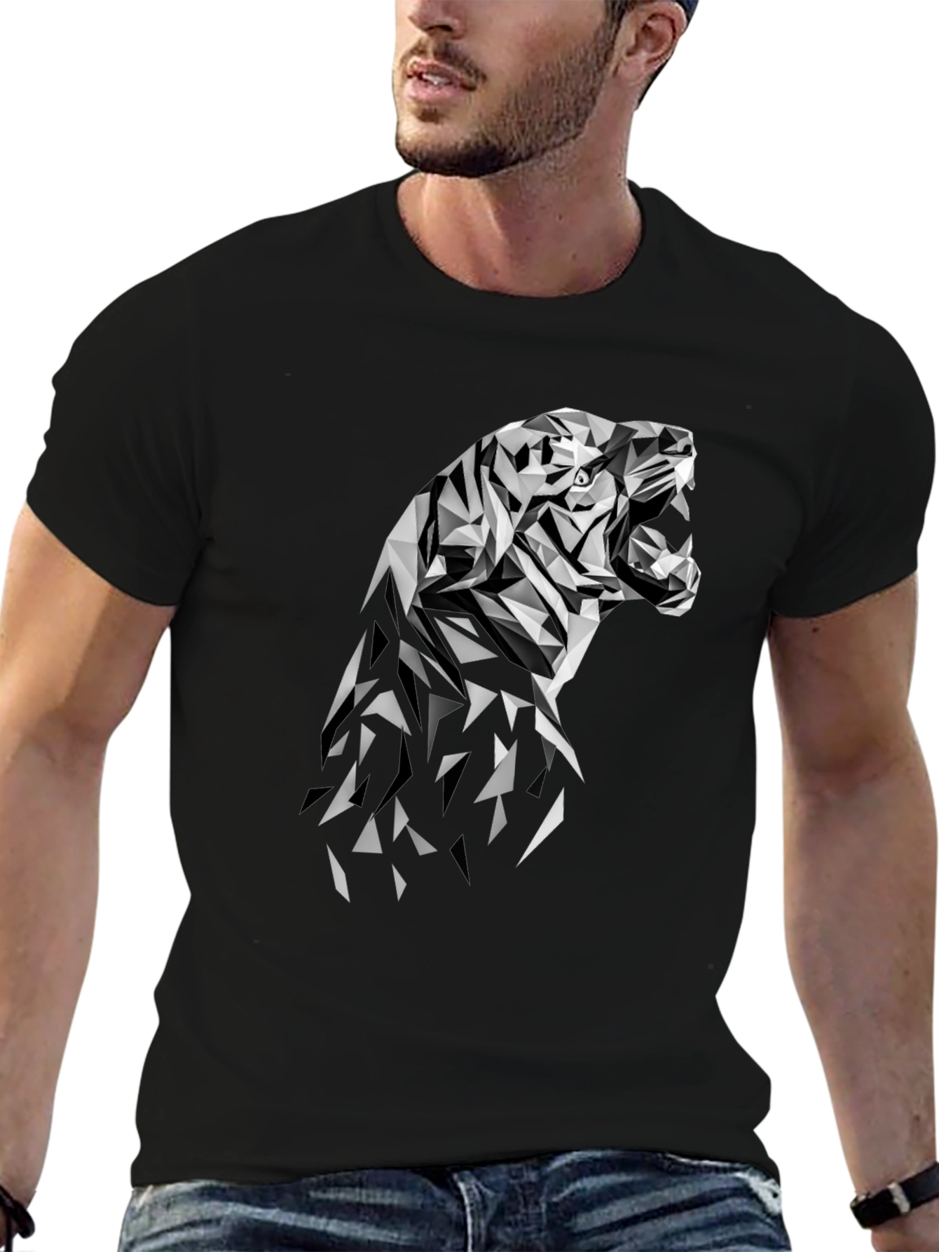 Geometric Tiger Graphic Tee - Modern Black T-Shirt