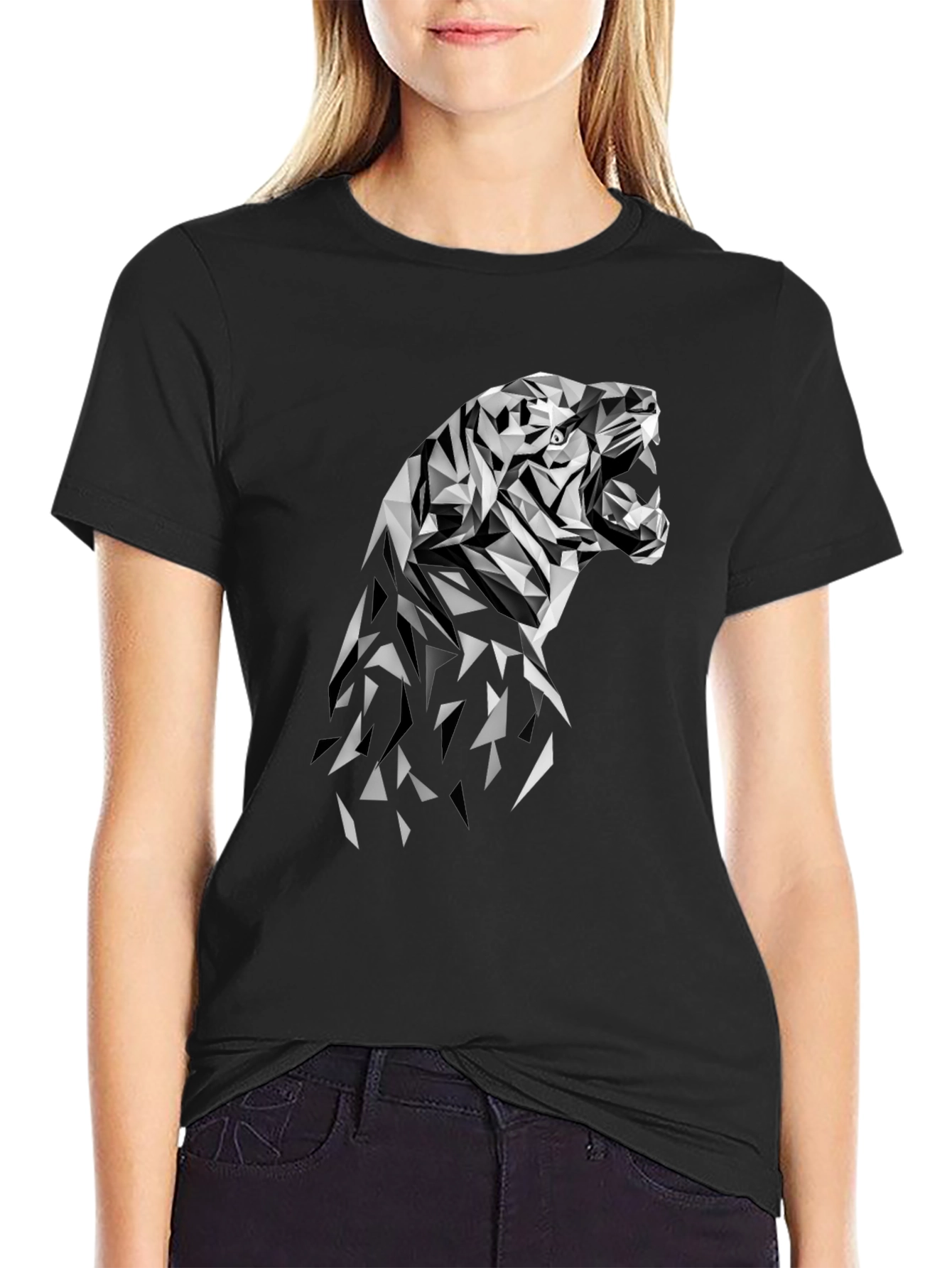 Geometric Tiger Graphic Tee - Modern Black T-Shirt