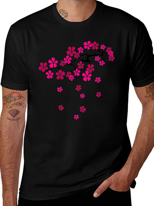 Black T-Shirt with Floral Cherry Blossom Design