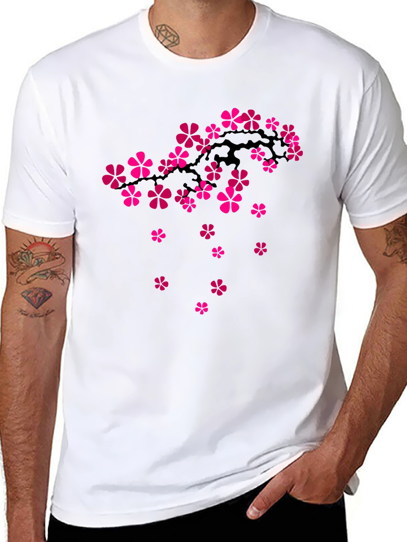 Black T-Shirt with Floral Cherry Blossom Design
