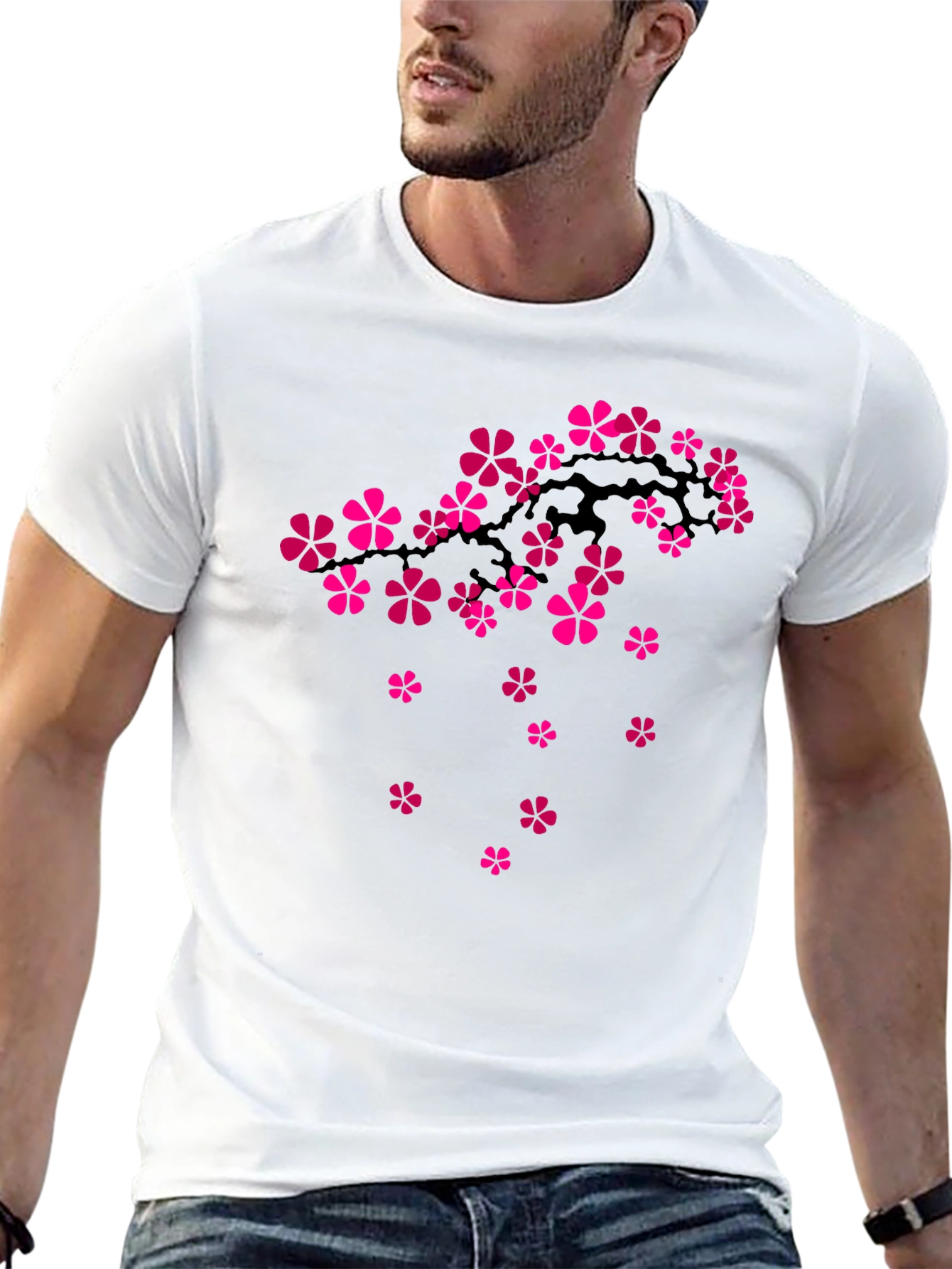 Black T-Shirt with Floral Cherry Blossom Design